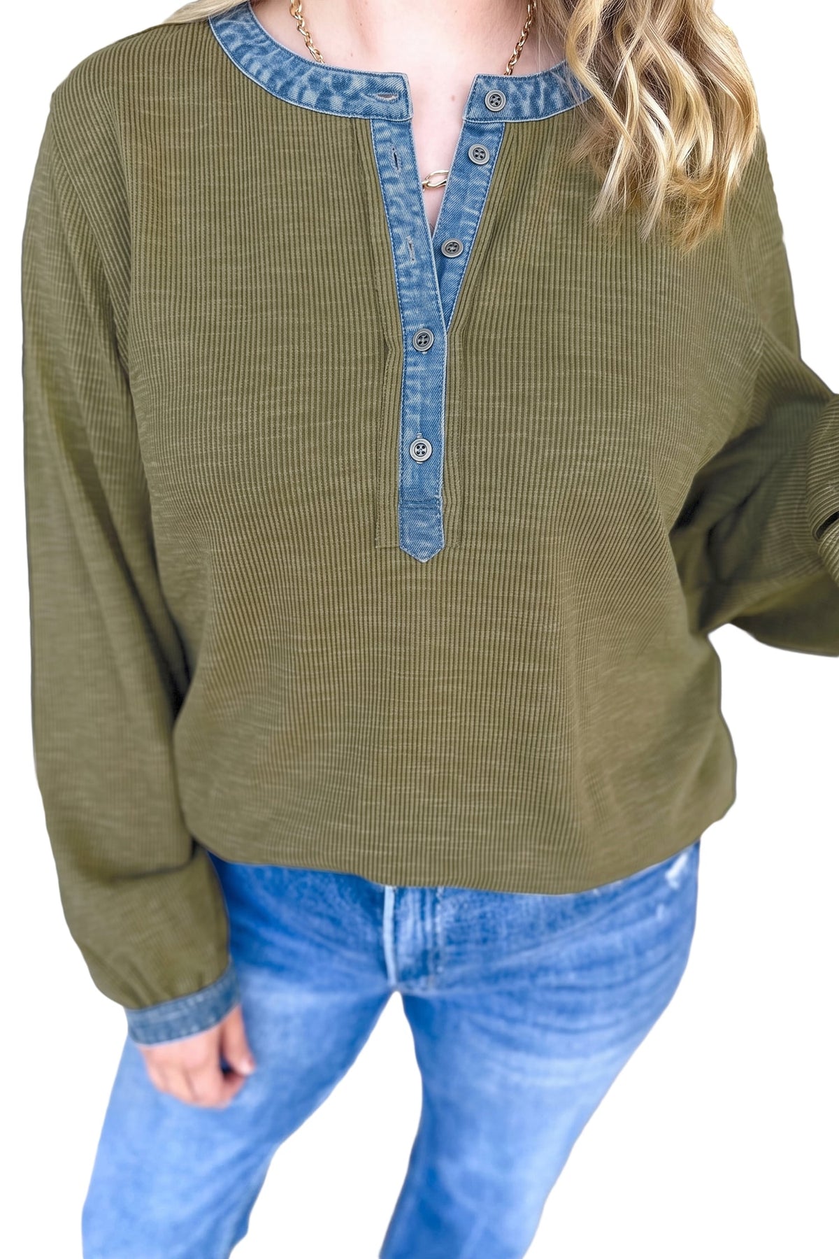 Four Leaf Clover Ribbed Knit Denim Accents V Neck Long Sleeve Oversized Fit Plus Size Blouse