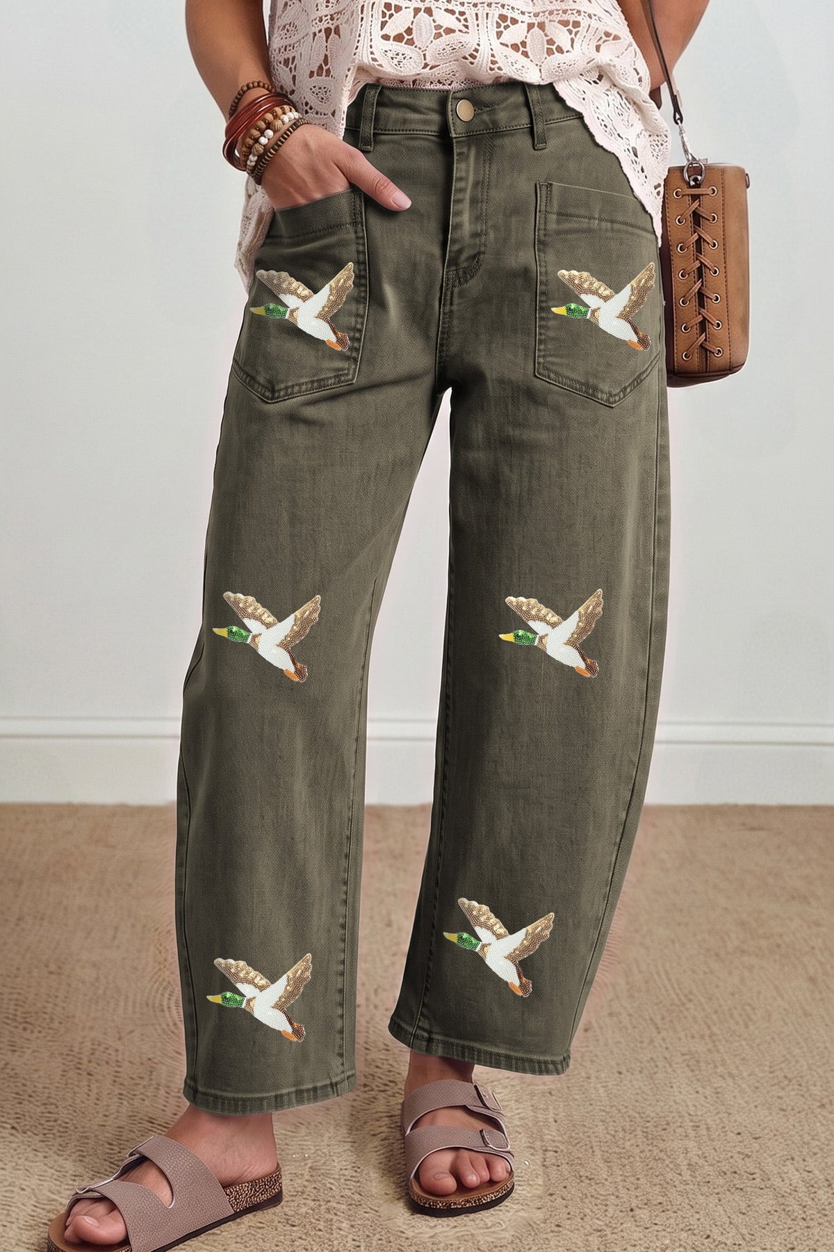 Four Leaf Clover Sequin Mallard Graphic Ankle Length Barrel Jeans