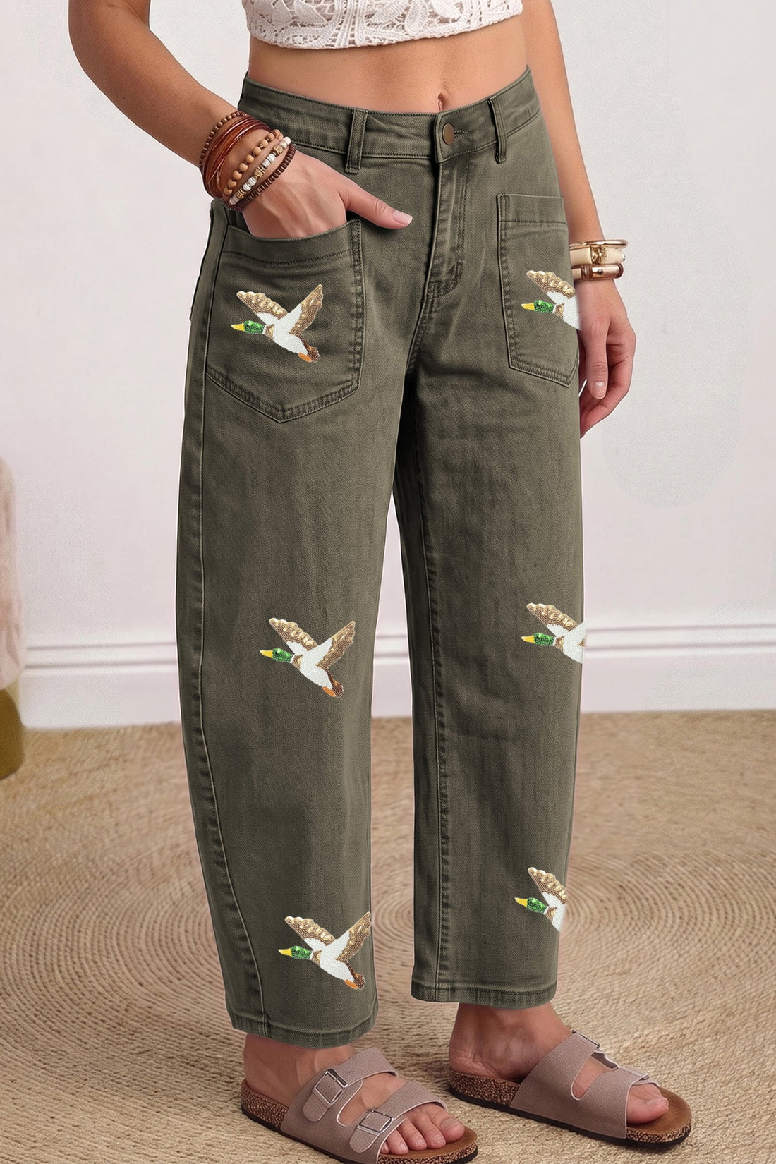 Four Leaf Clover Sequin Mallard Graphic Ankle Length Barrel Jeans