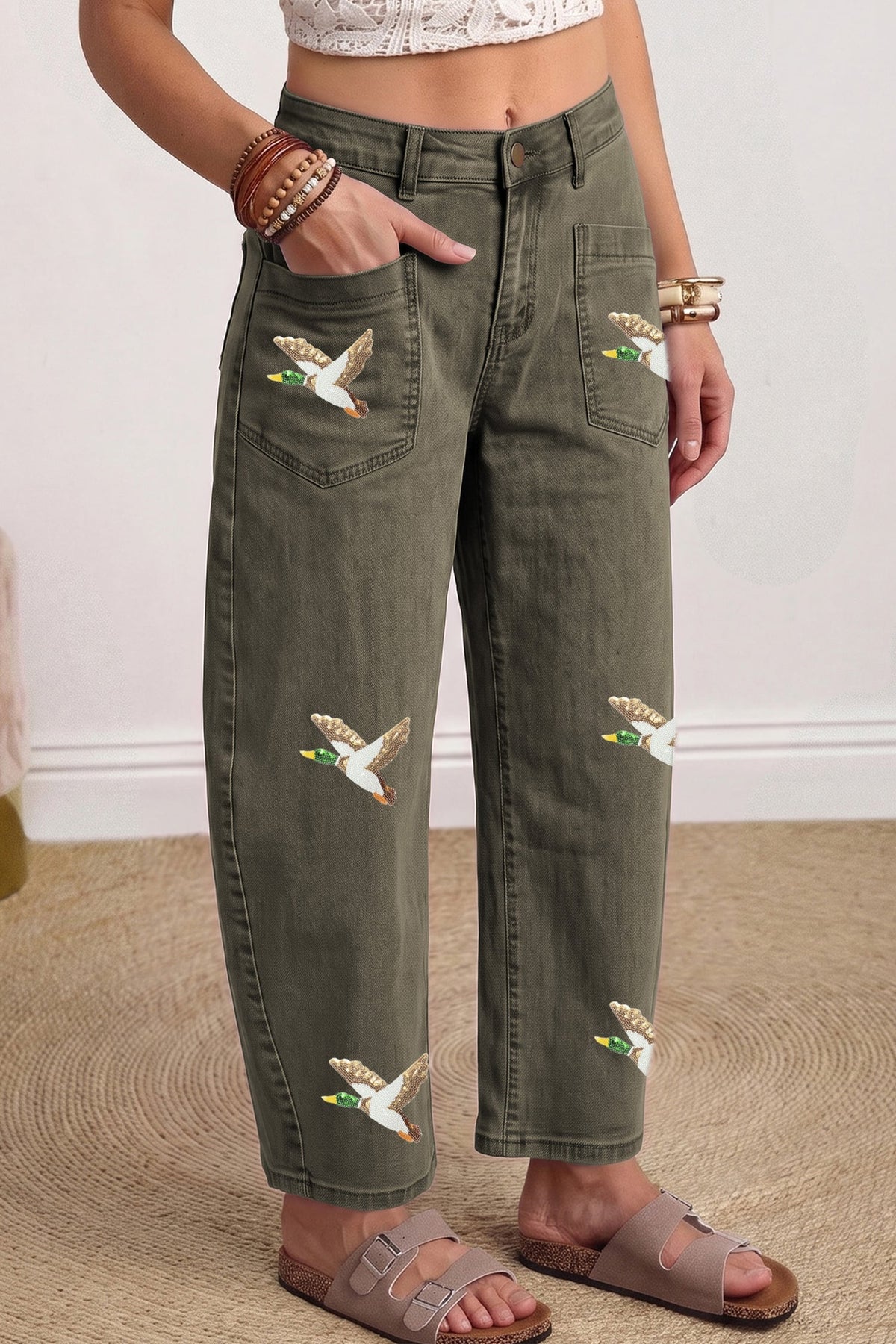 Four Leaf Clover Sequin Mallard Graphic Ankle Length Barrel Jeans