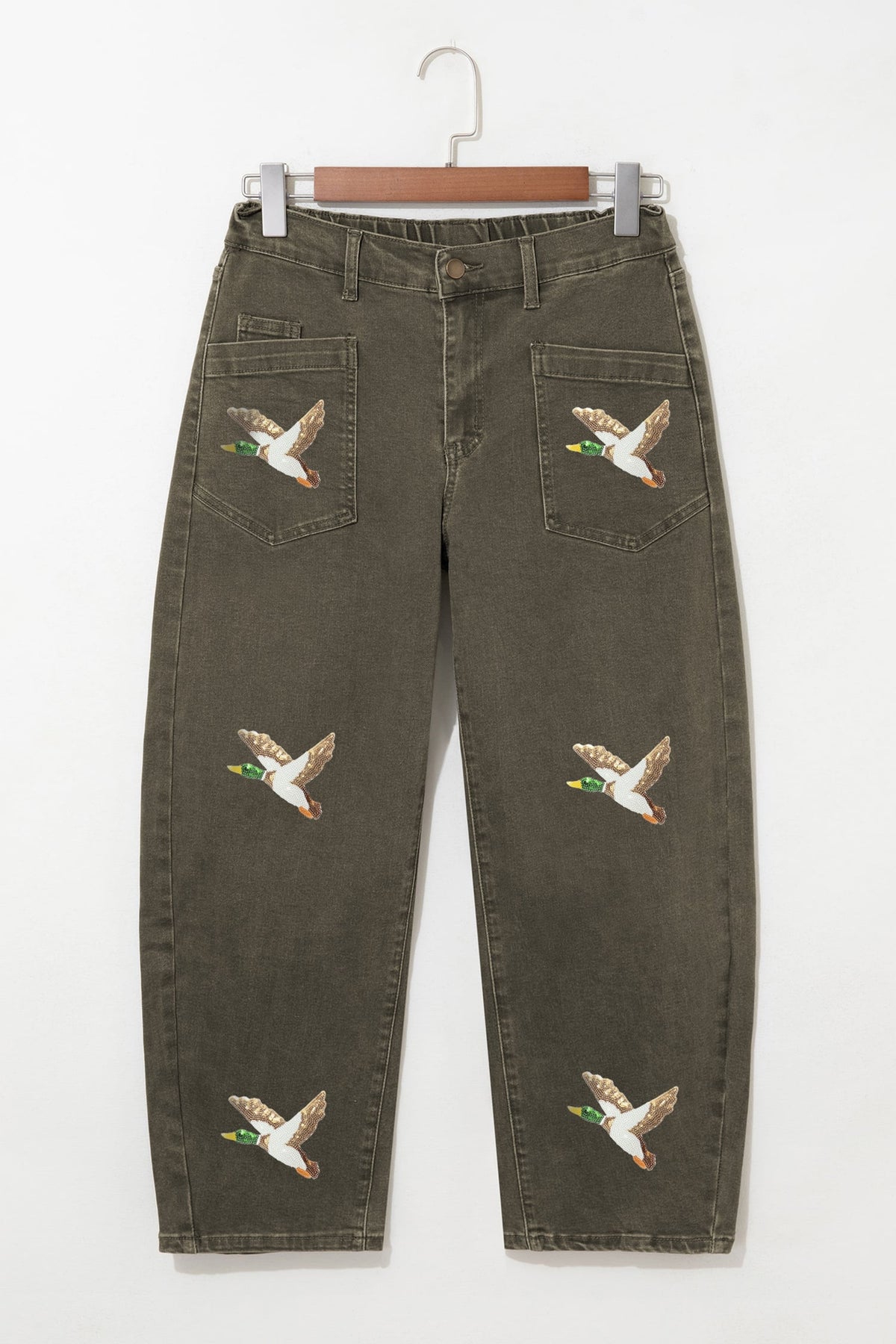 Four Leaf Clover Sequin Mallard Graphic Ankle Length Barrel Jeans