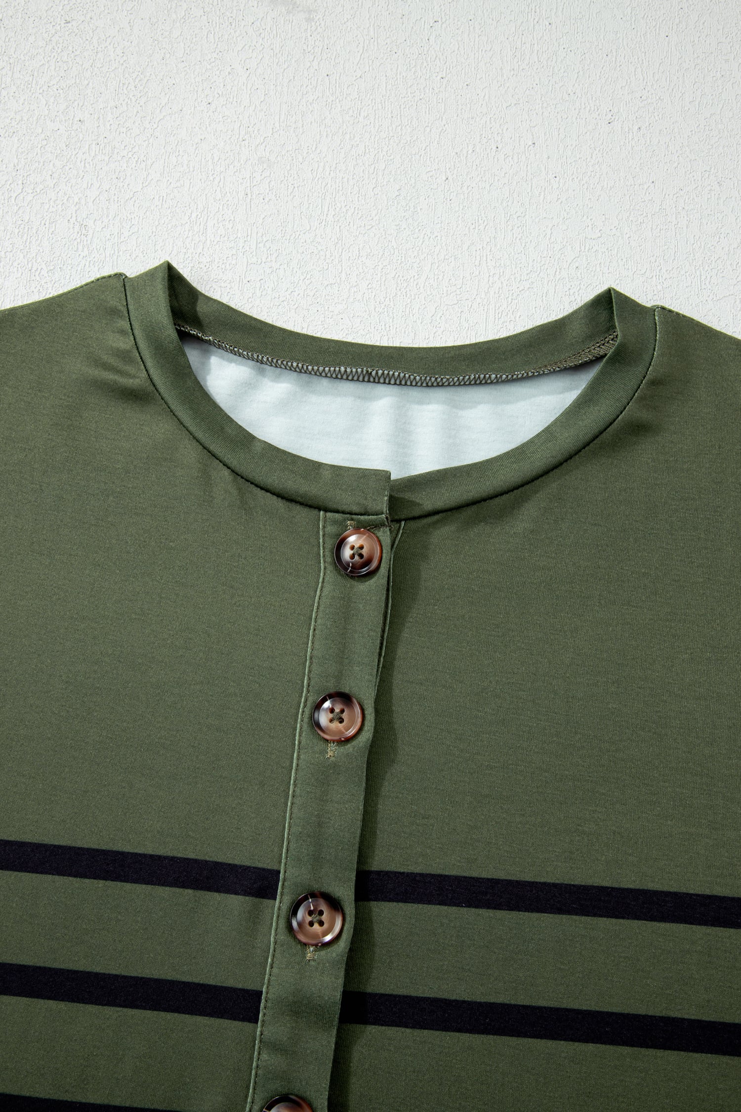 Four Leaf Clover Striped Half Buttons Crew Neck T-Shirt
