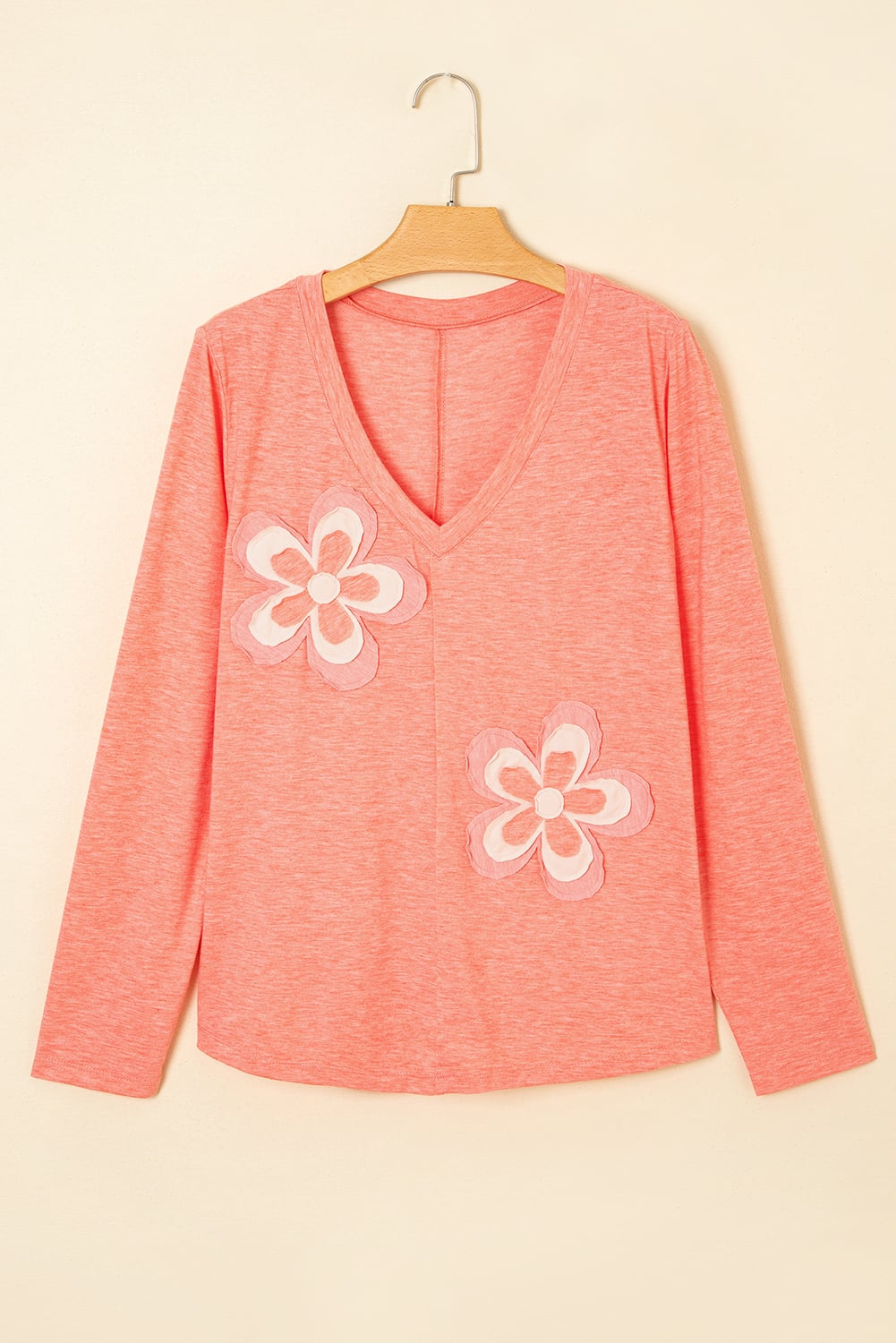 Fresh Salmon Floral Patchwork V Neck Long Sleeve T Shirt