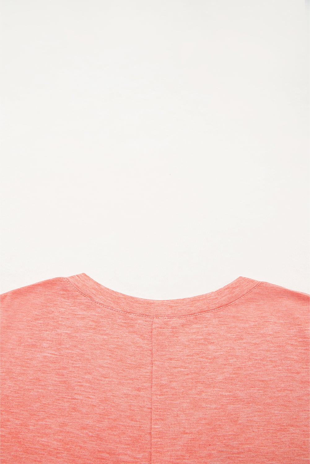 Fresh Salmon Floral Patchwork V Neck Long Sleeve T Shirt