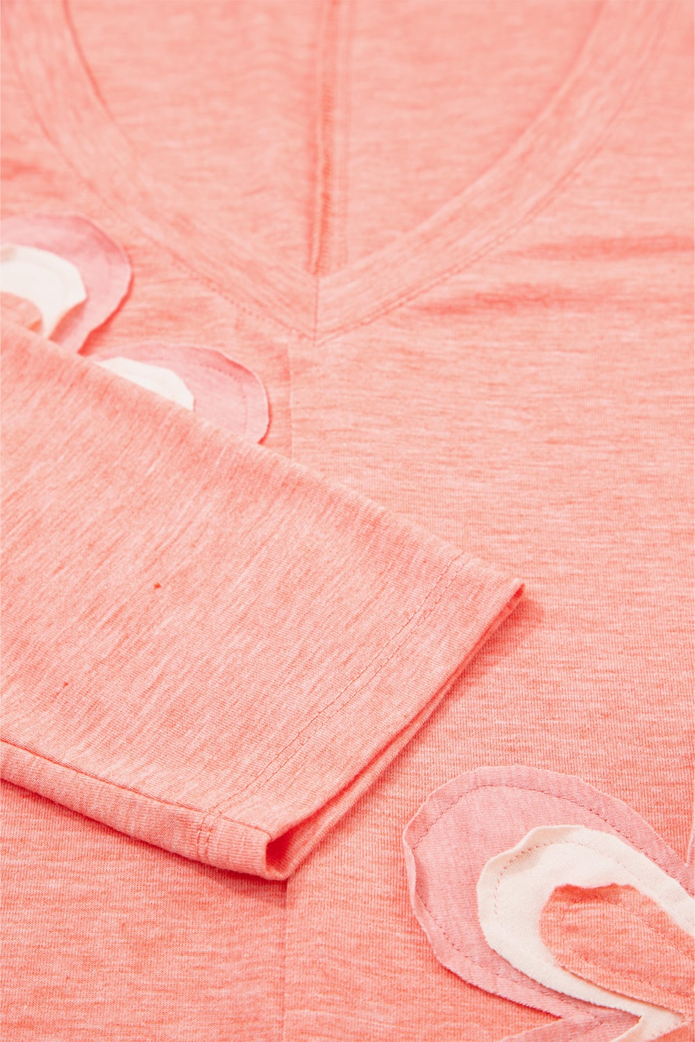 Fresh Salmon Floral Patchwork V Neck Long Sleeve T Shirt