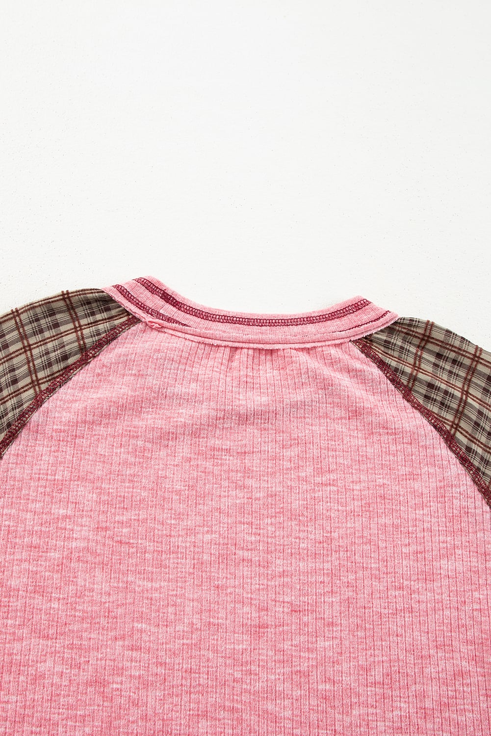 Fushia Mixed Print Raglan Sleeve Ribbed Knit Patchwork Blouse