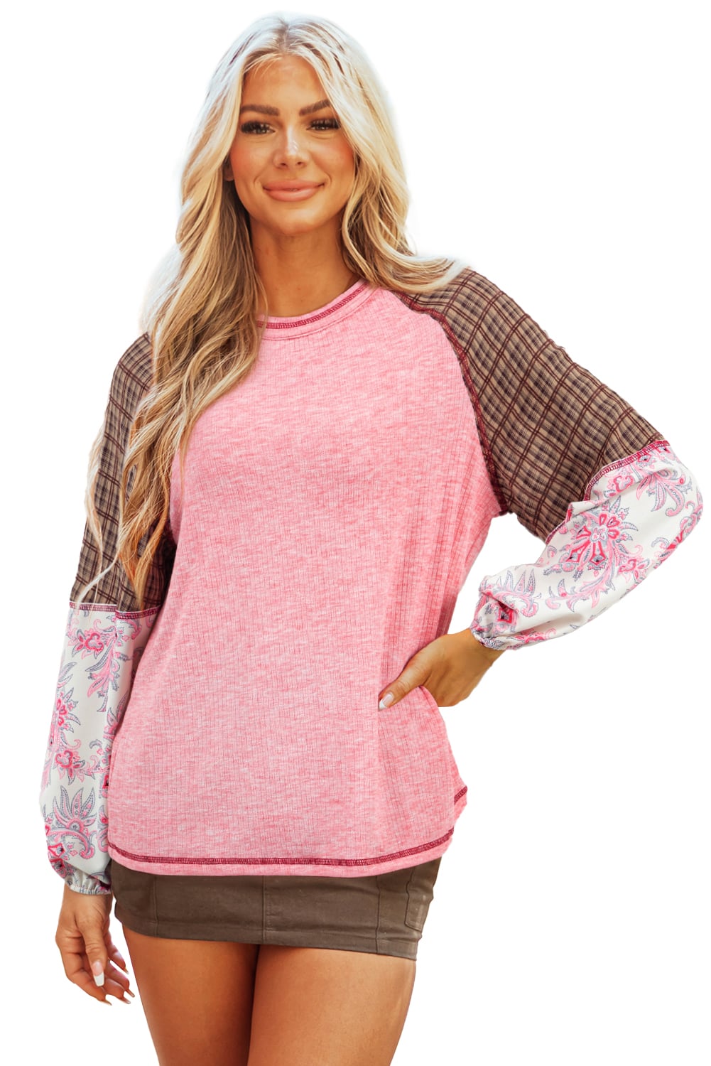 Fushia Mixed Print Raglan Sleeve Ribbed Knit Patchwork Blouse