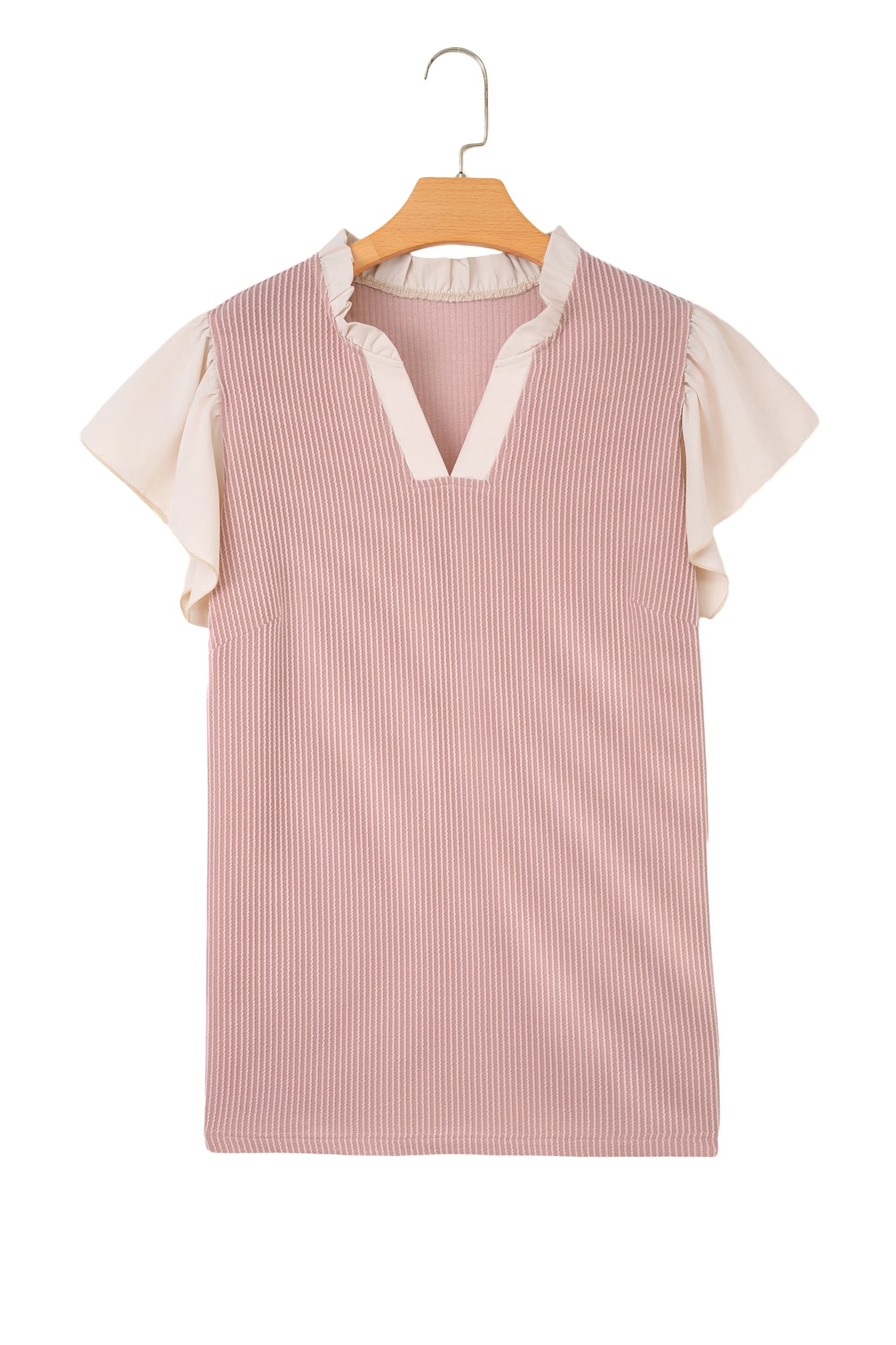 Fushia Plus Size Contrast Frilled Neckline Ruffled Short Sleeve Ribbed Textured Blouse