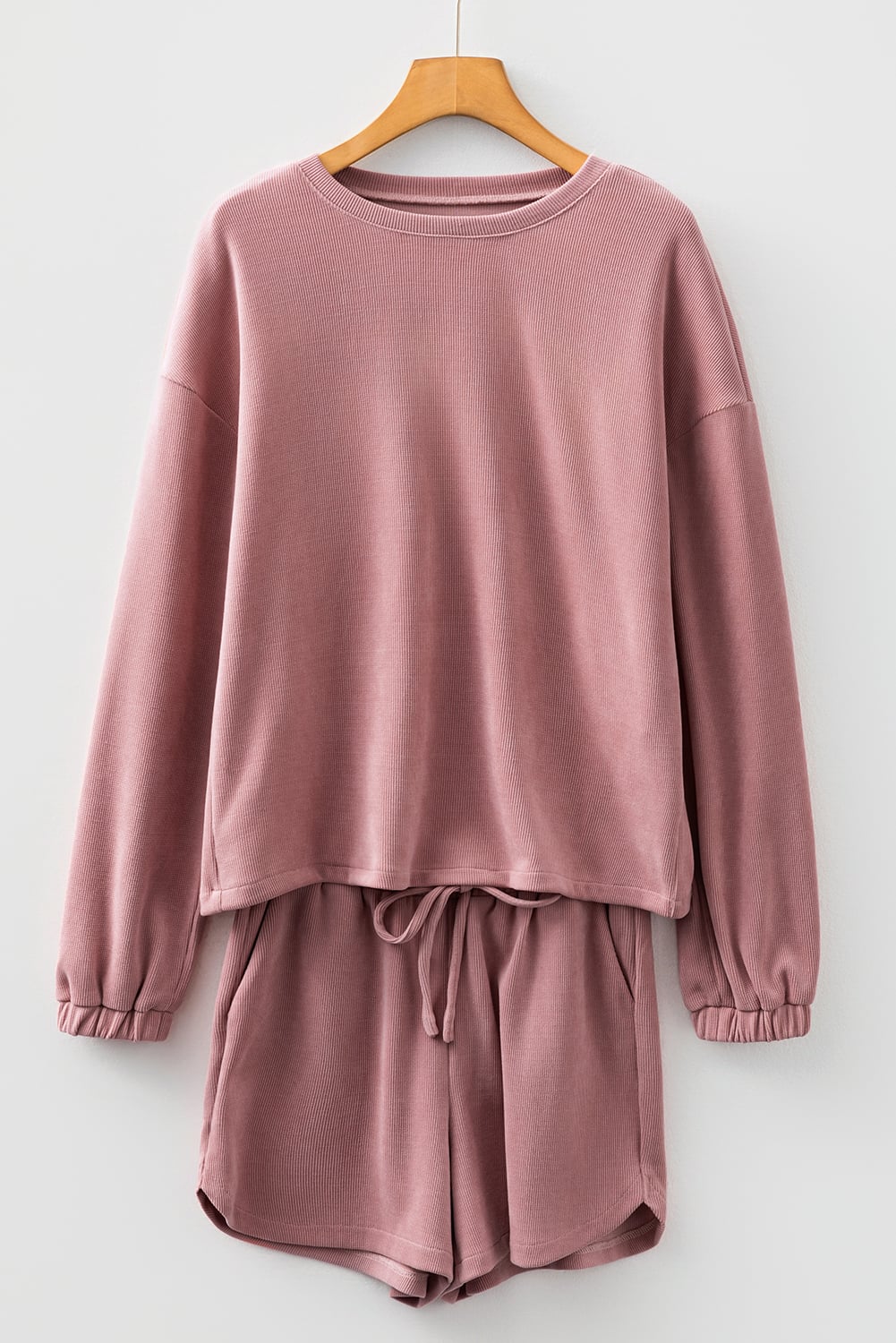 Fushia Solid Color Textured Knit Drop Shoulder Pullover Drawstring Shorts Set