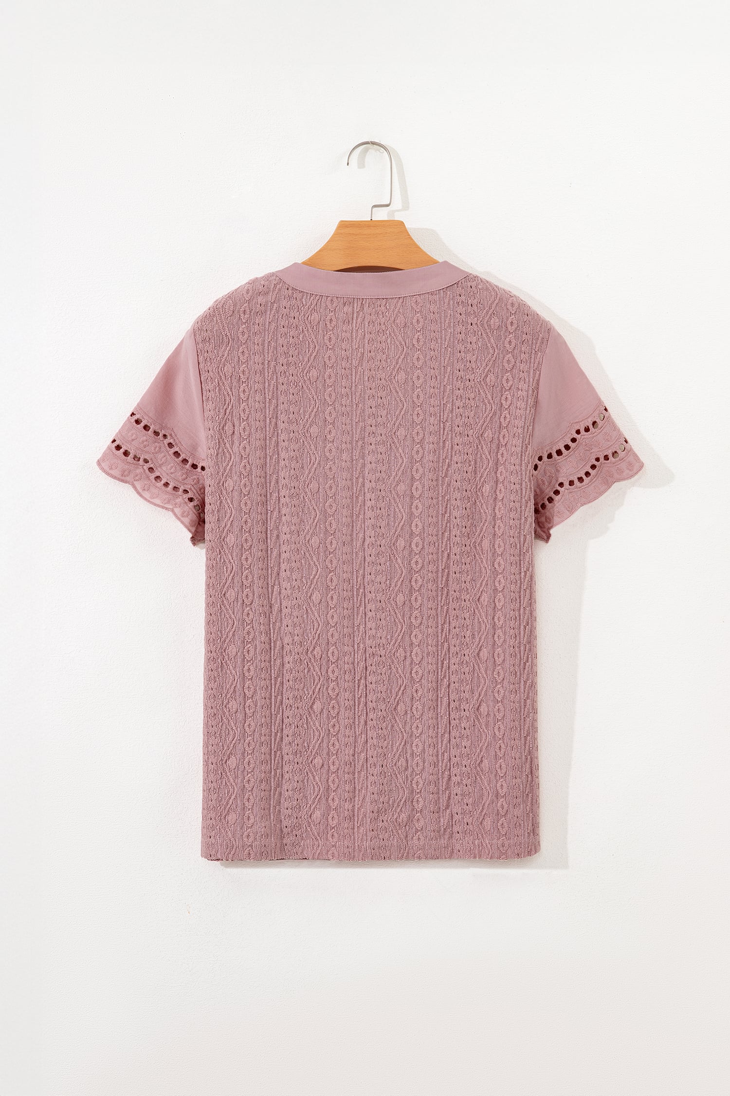 Fushia Textured Embroidered Half Buttons Short Sleeve Blouse