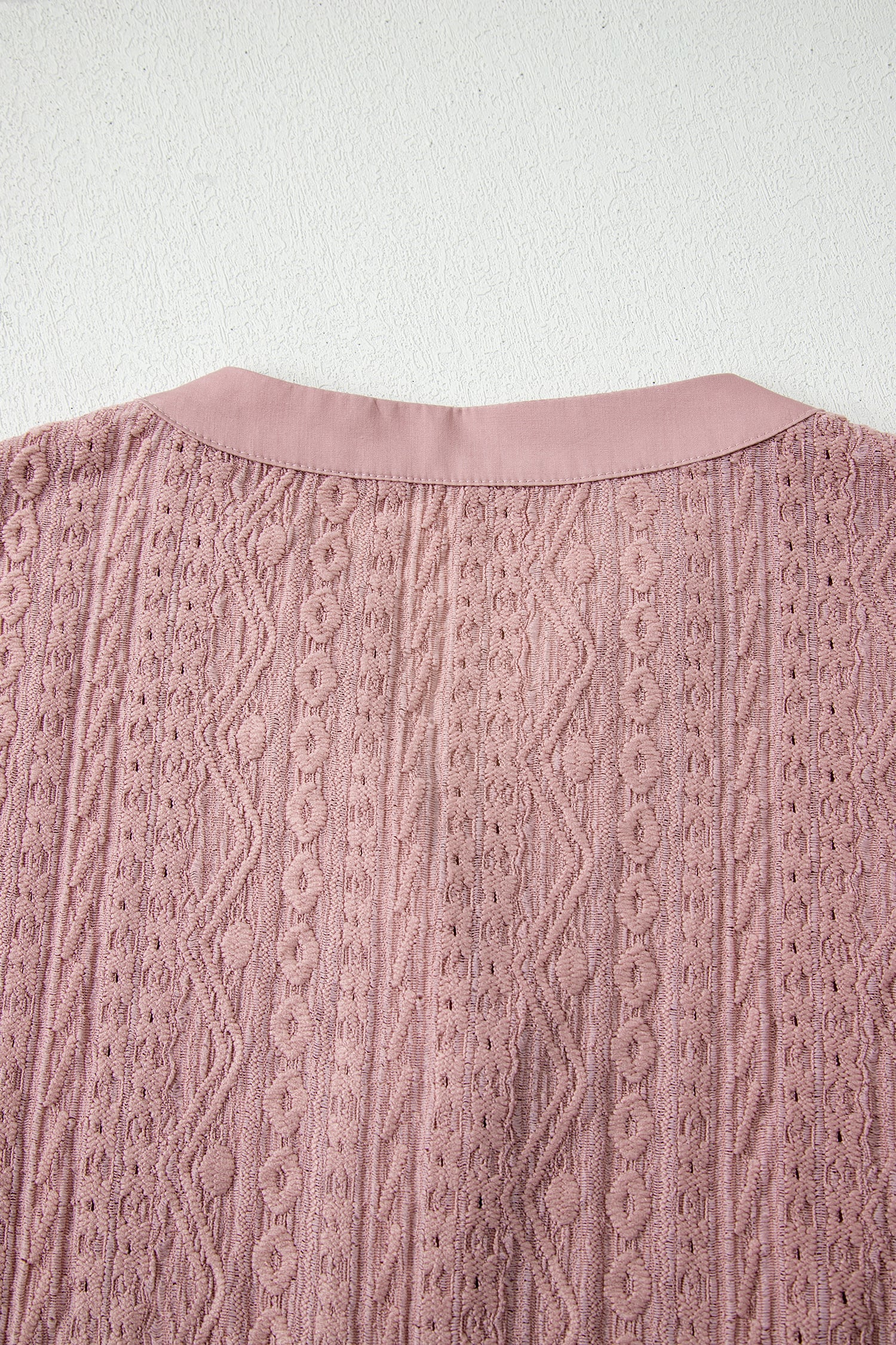 Fushia Textured Embroidered Half Buttons Short Sleeve Blouse