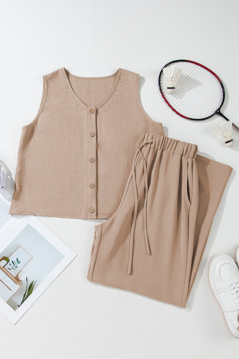 Goat Buttoned Vest Drawstring Wide Leg Pants 2pcs Set