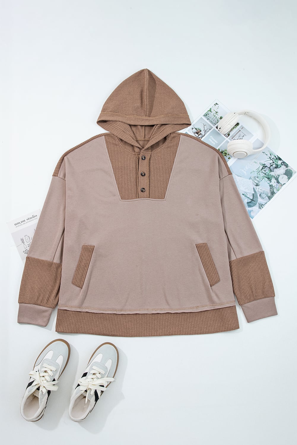 Goat Waffle Contrast Patchwork Plus Size Pocketed Hoodie