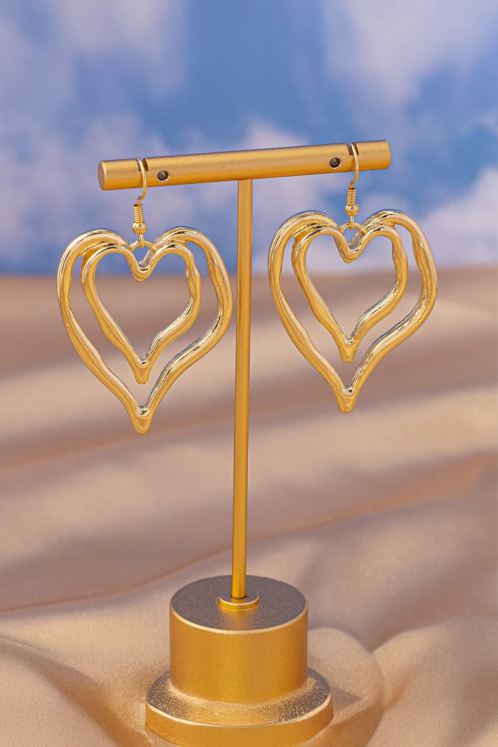 Gold Double Heart Shape Plated Alloy Dangle Earrings