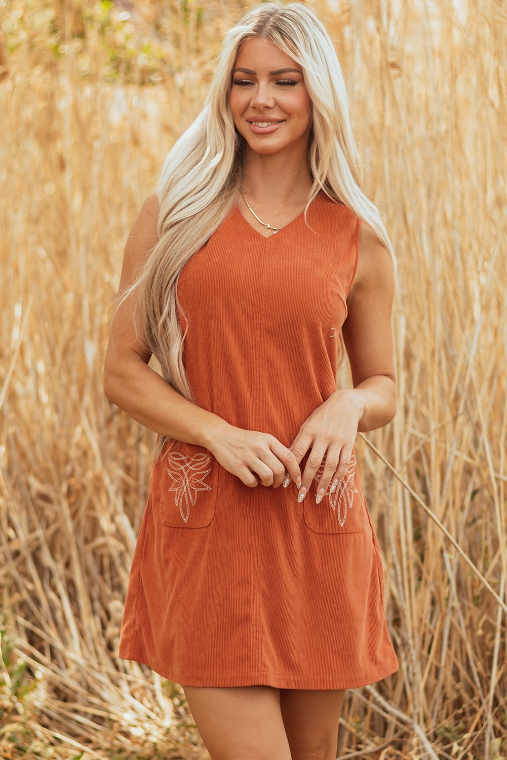Gold Flame Corduroy Western Embroidered Patched Pocket Shift Sleeveless Mini Dress