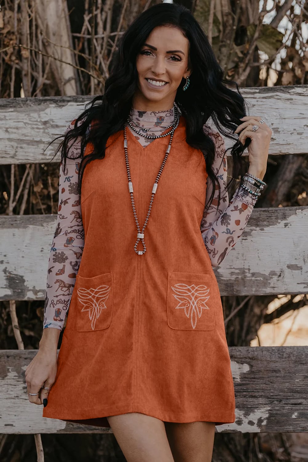 Gold Flame Corduroy Western Embroidered Patched Pocket Shift Sleeveless Mini Dress
