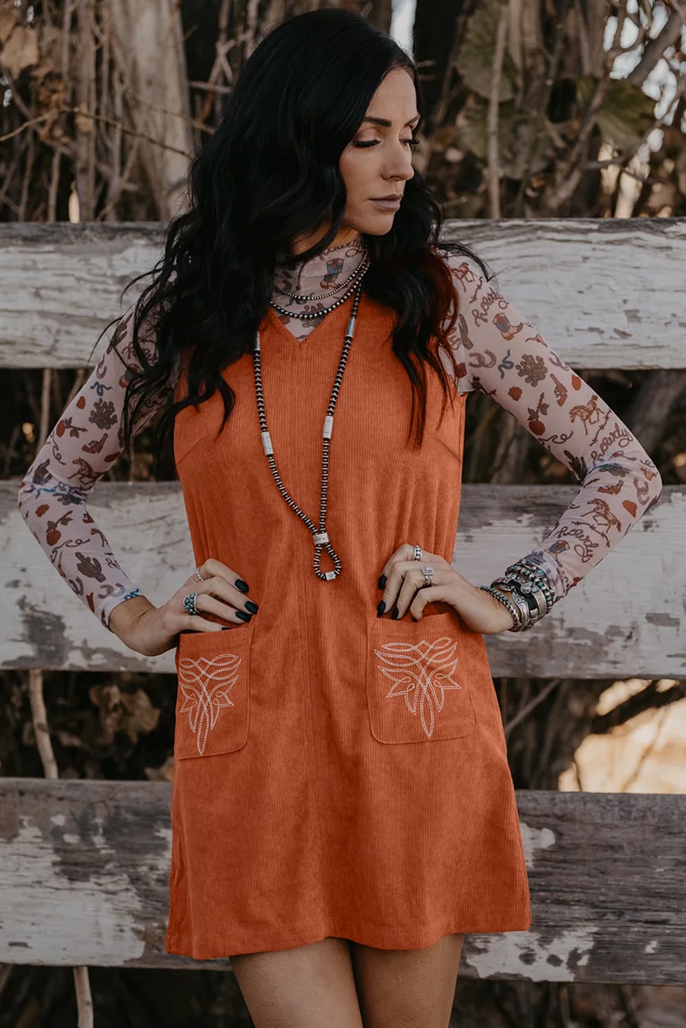 Gold Flame Corduroy Western Embroidered Patched Pocket Shift Sleeveless Mini Dress