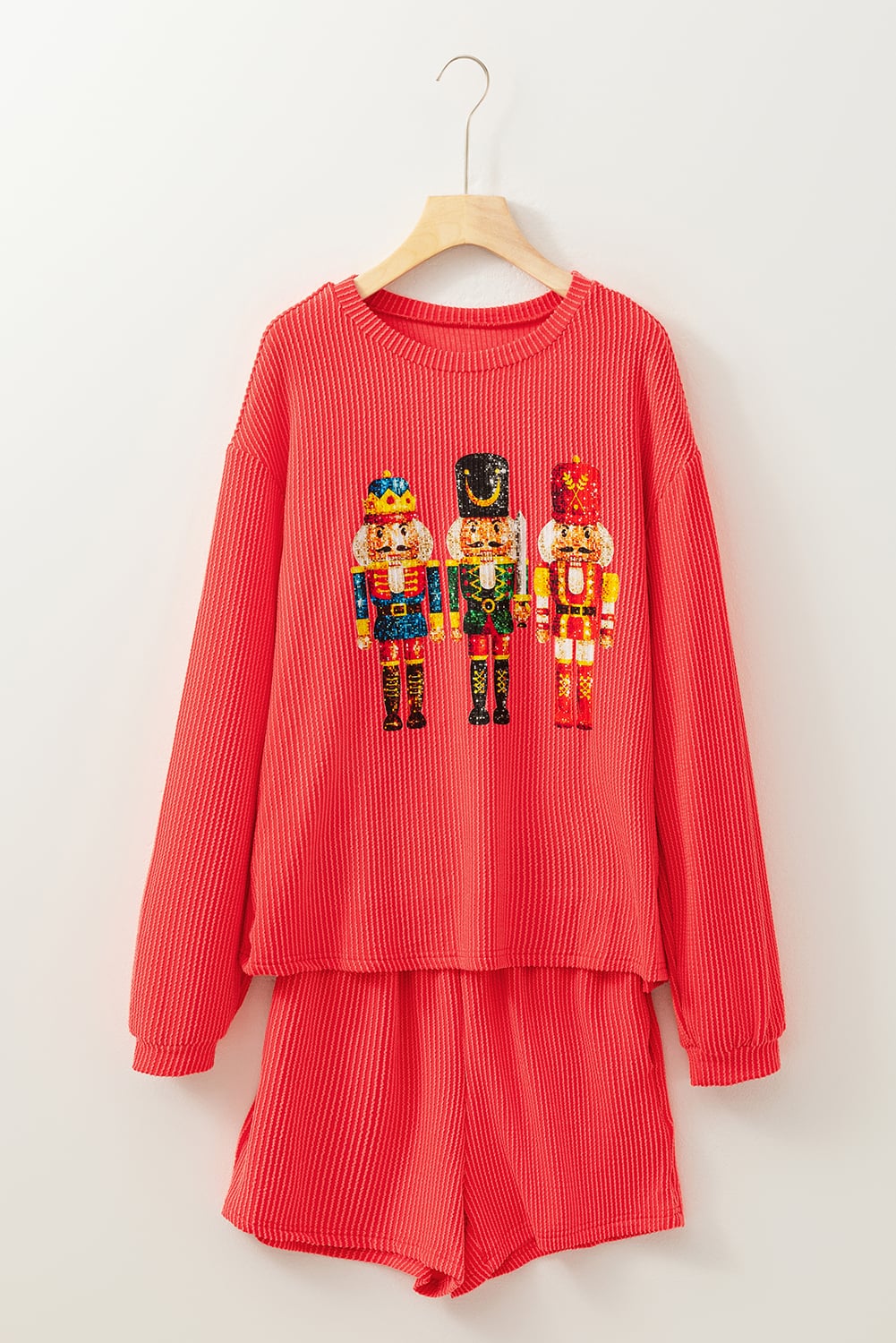 Gold Flame Heat Transfer Christmas Nutcracker Ribbed Long Sleeve Top Shorts Set