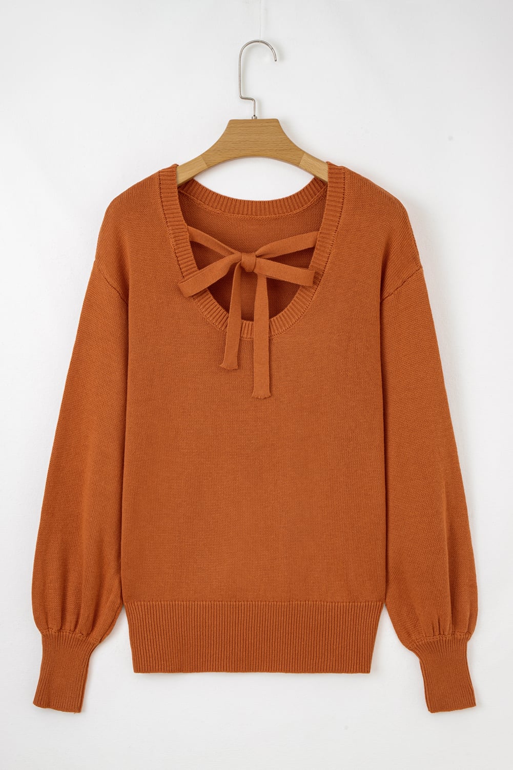 Gold Flame Solid Color Ribbed Trim Drop Shoulder Sweater