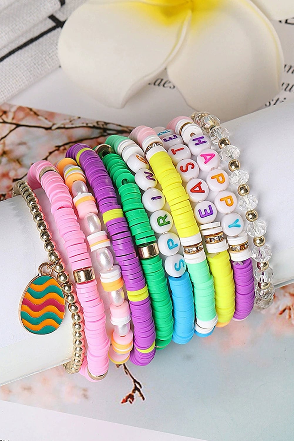 Gold Happy Easter Polymer Clay Beaded Bracelet