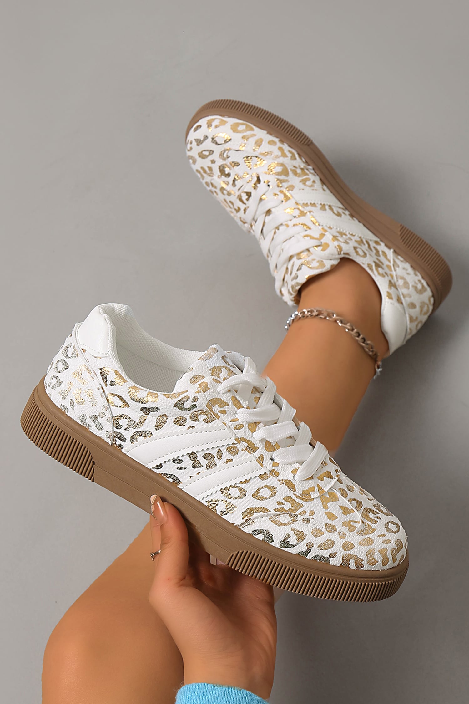 Gold Metallic Leopard Print Lace Up Flat Shoes