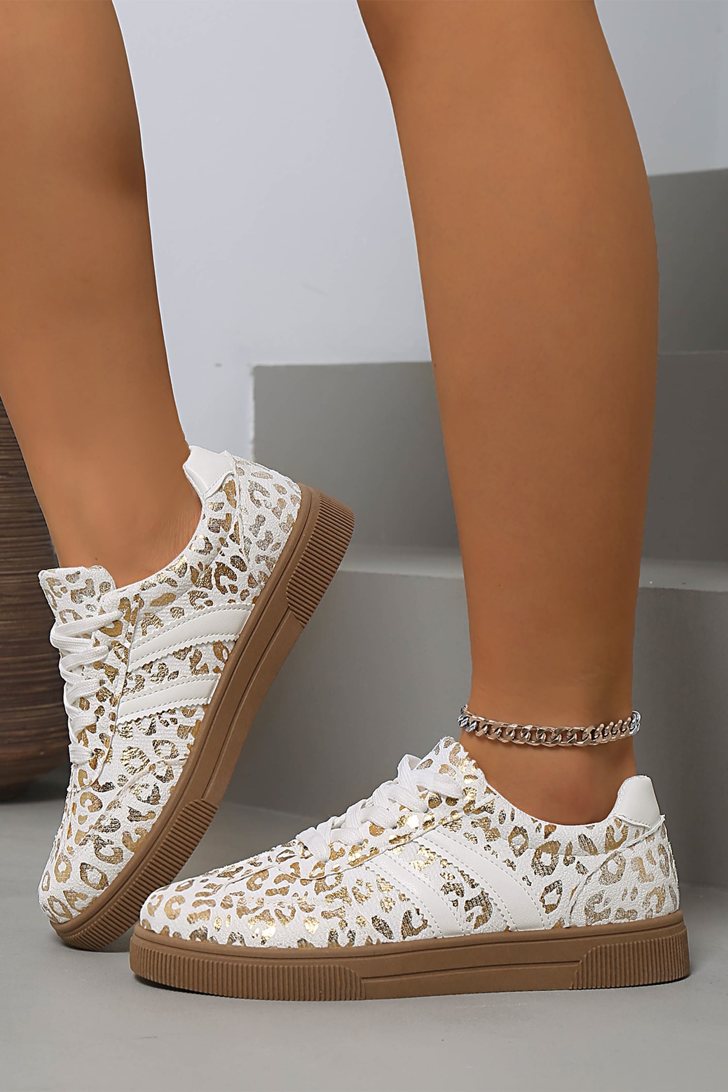 Gold Metallic Leopard Print Lace Up Flat Shoes