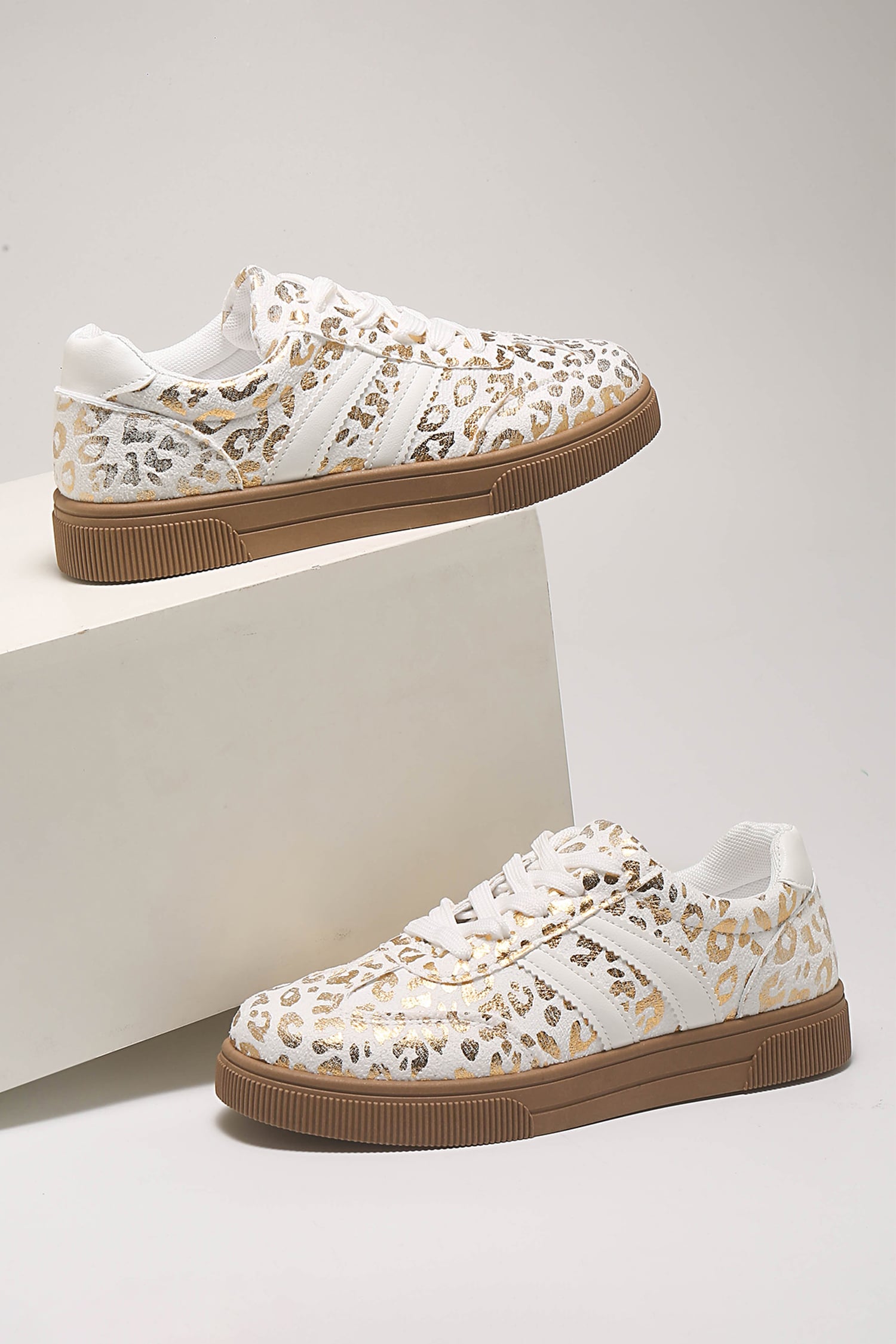 Gold Metallic Leopard Print Lace Up Flat Shoes