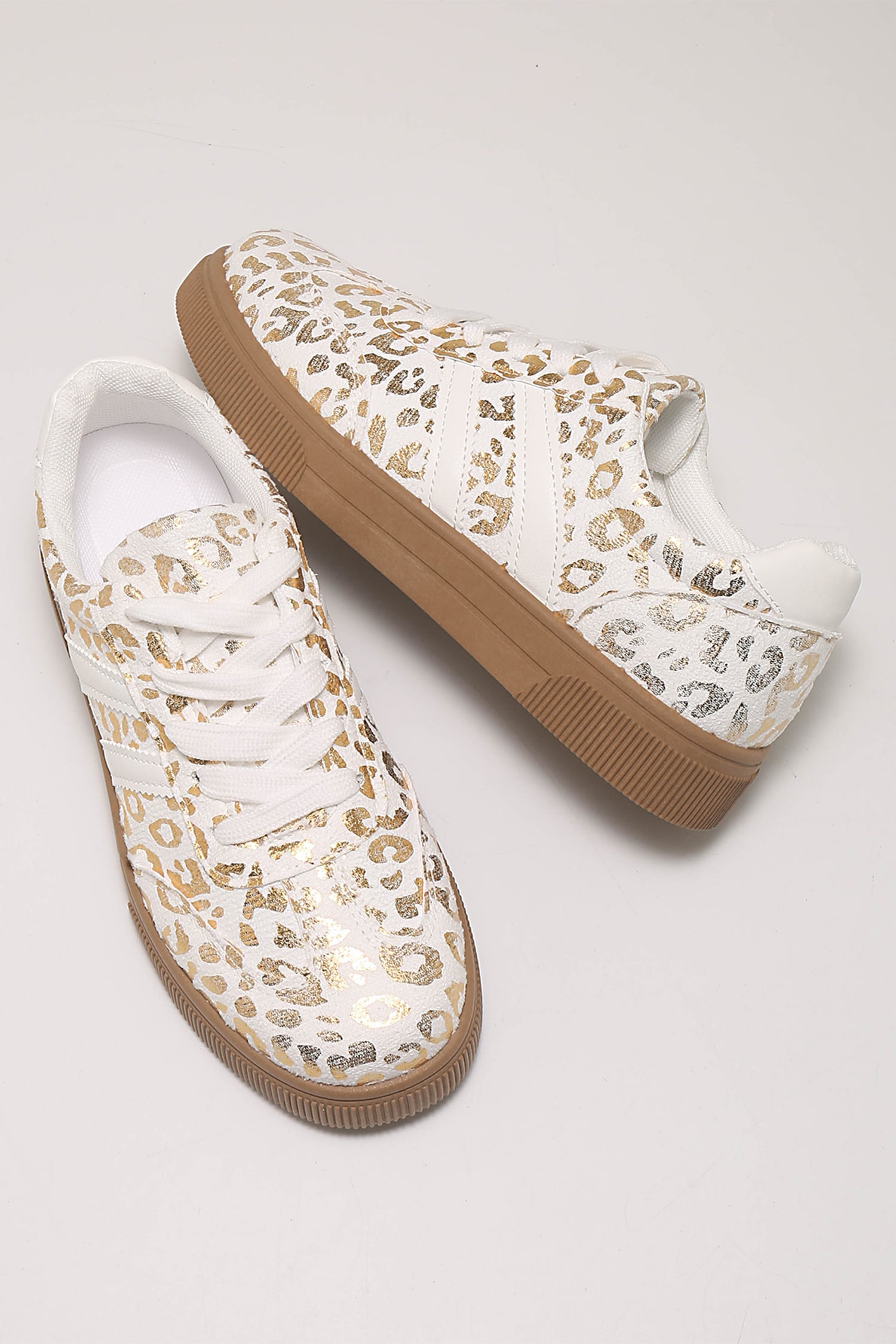 Gold Metallic Leopard Print Lace Up Flat Shoes