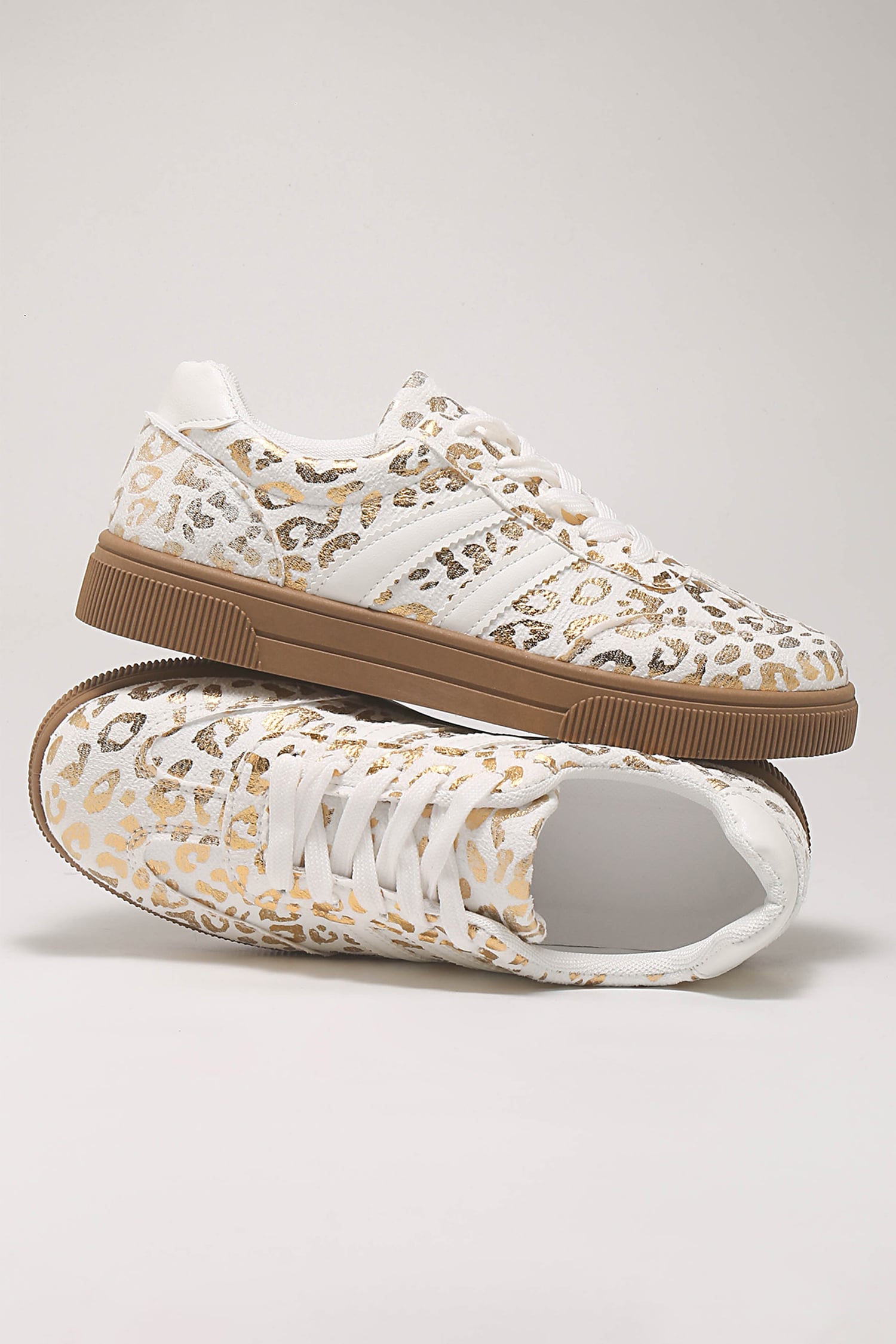 Gold Metallic Leopard Print Lace Up Flat Shoes