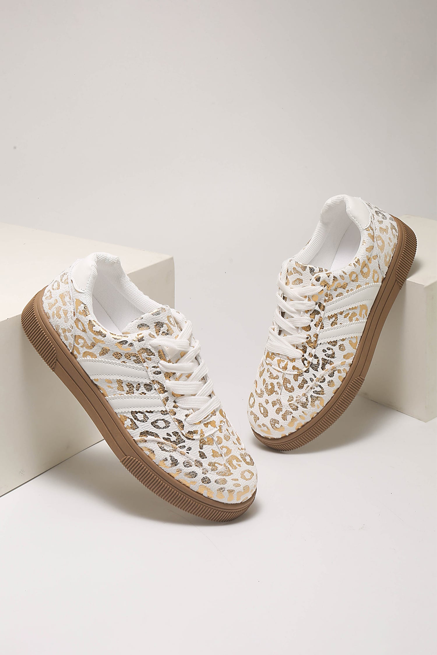 Gold Metallic Leopard Print Lace Up Flat Shoes