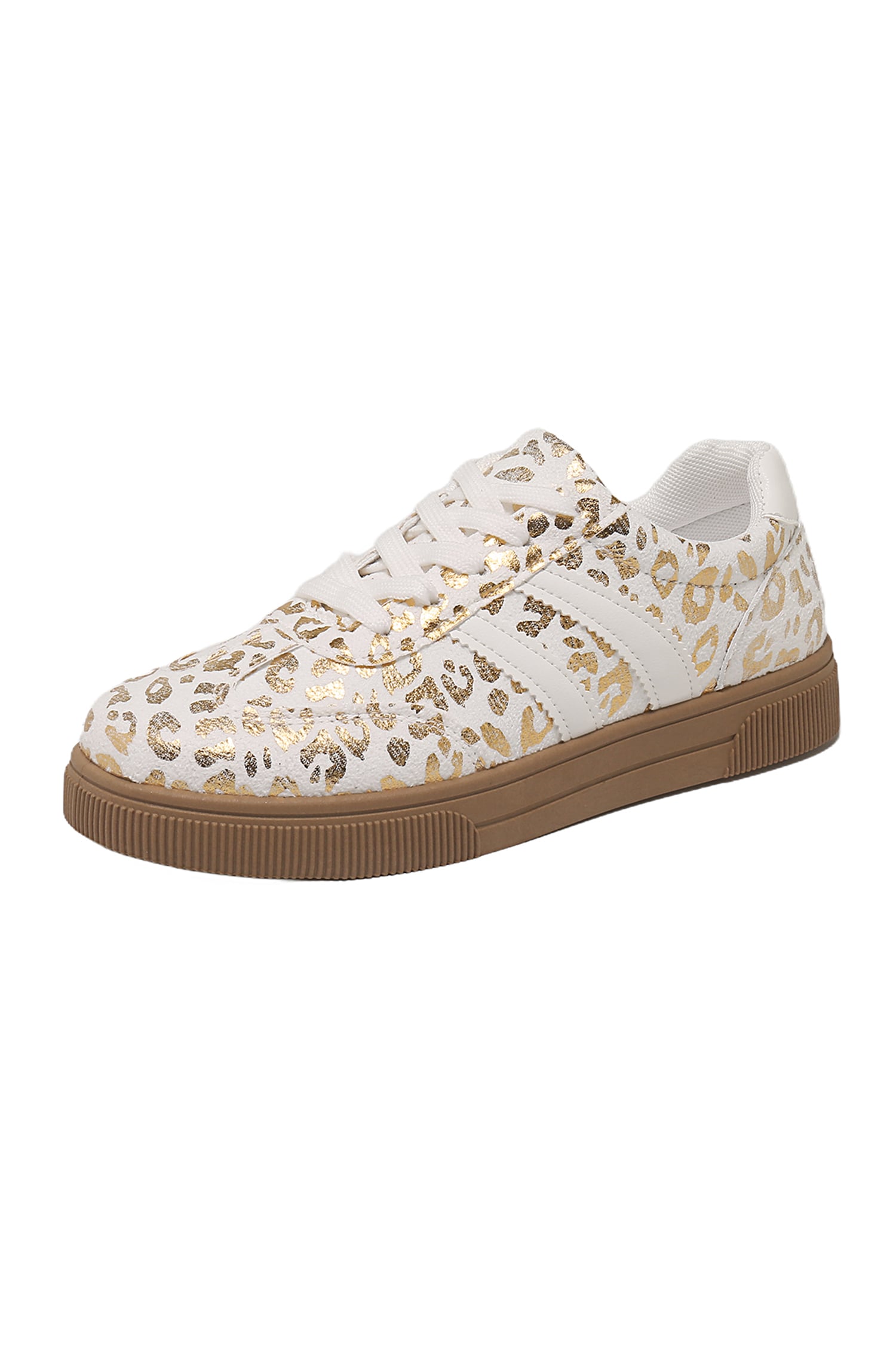 Gold Metallic Leopard Print Lace Up Flat Shoes