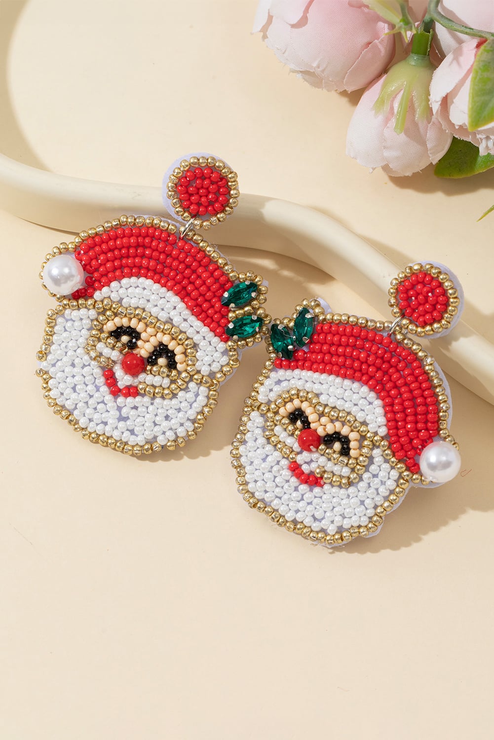 Gold Pearl Gemstone Embellished Beading Santa Claus Earrings