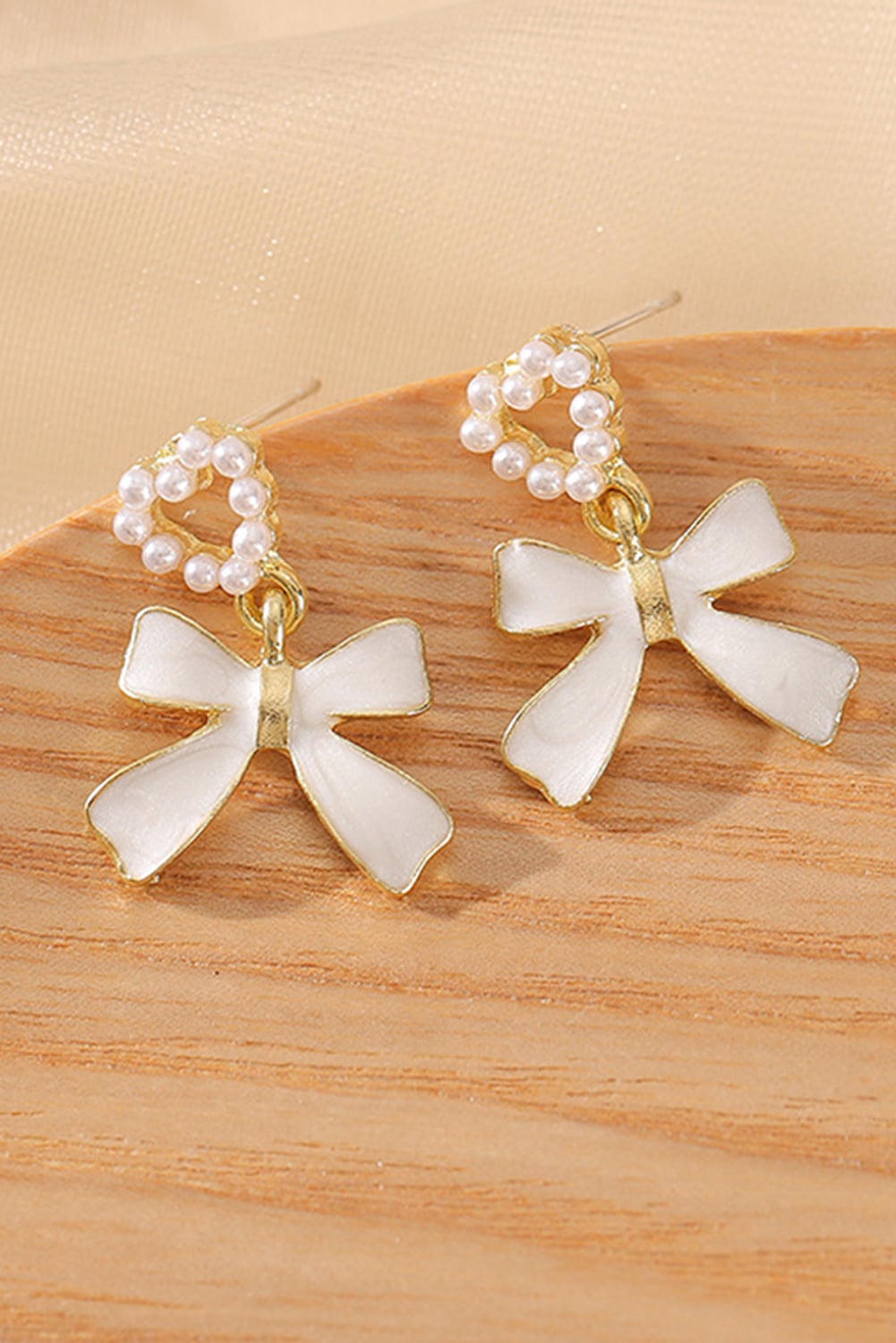 Gold Pearled Heart Shape Bow Knot Dangle Earrings