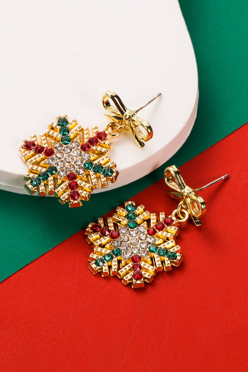 Gold Plated Bow Stud Rhinestone Embellished Snowflake Earrings