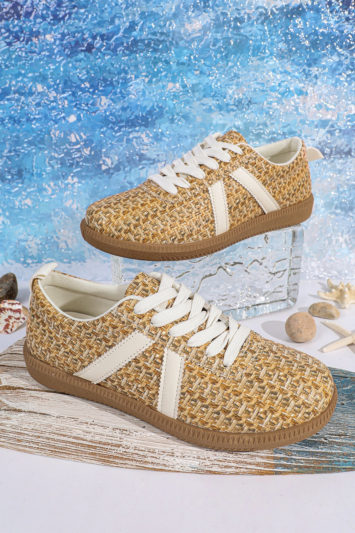 Gold Stylish Woven Lace Up Flat Shoes