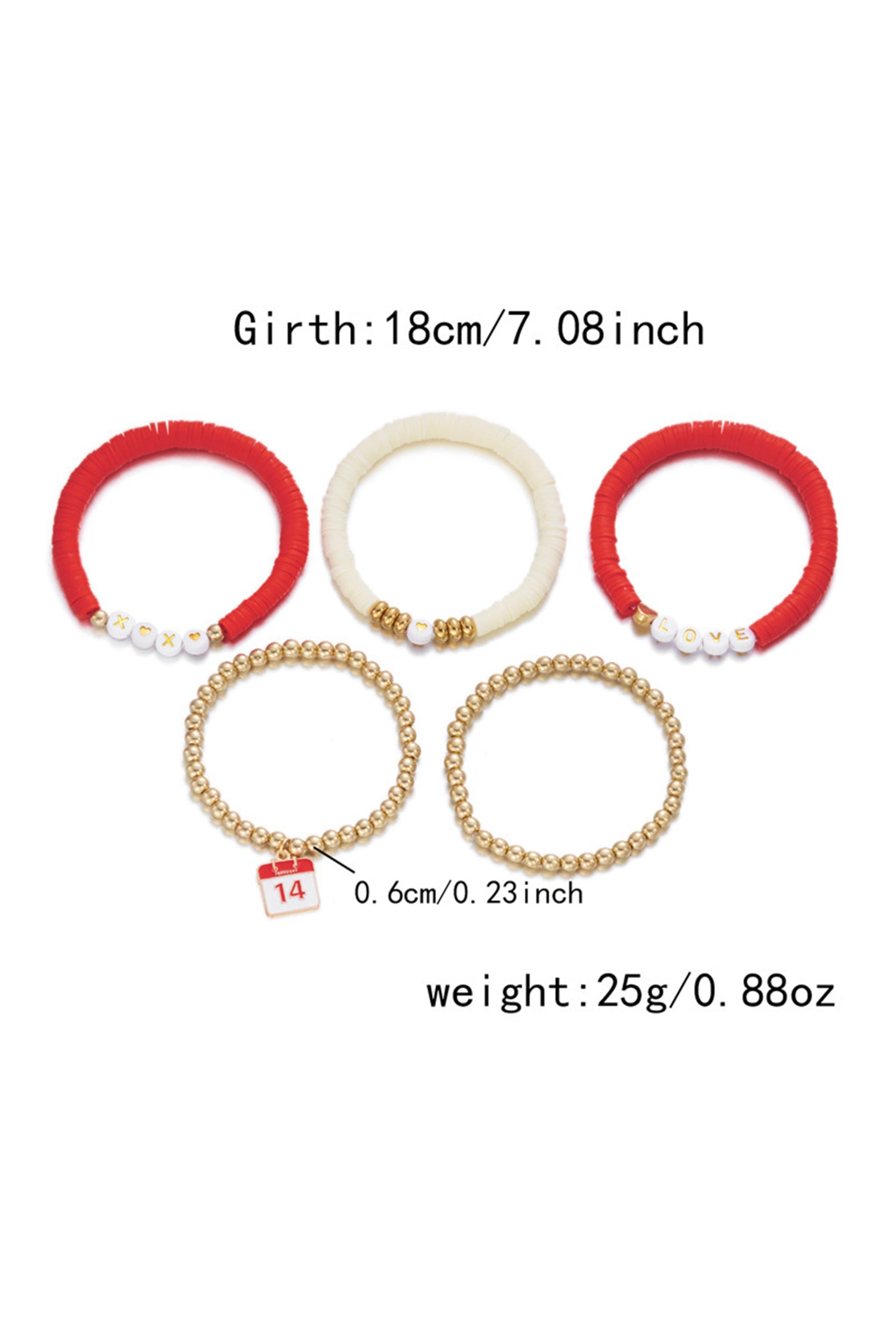 Gold Valentines Day Mixed Beads 5pcs Bracelet Set