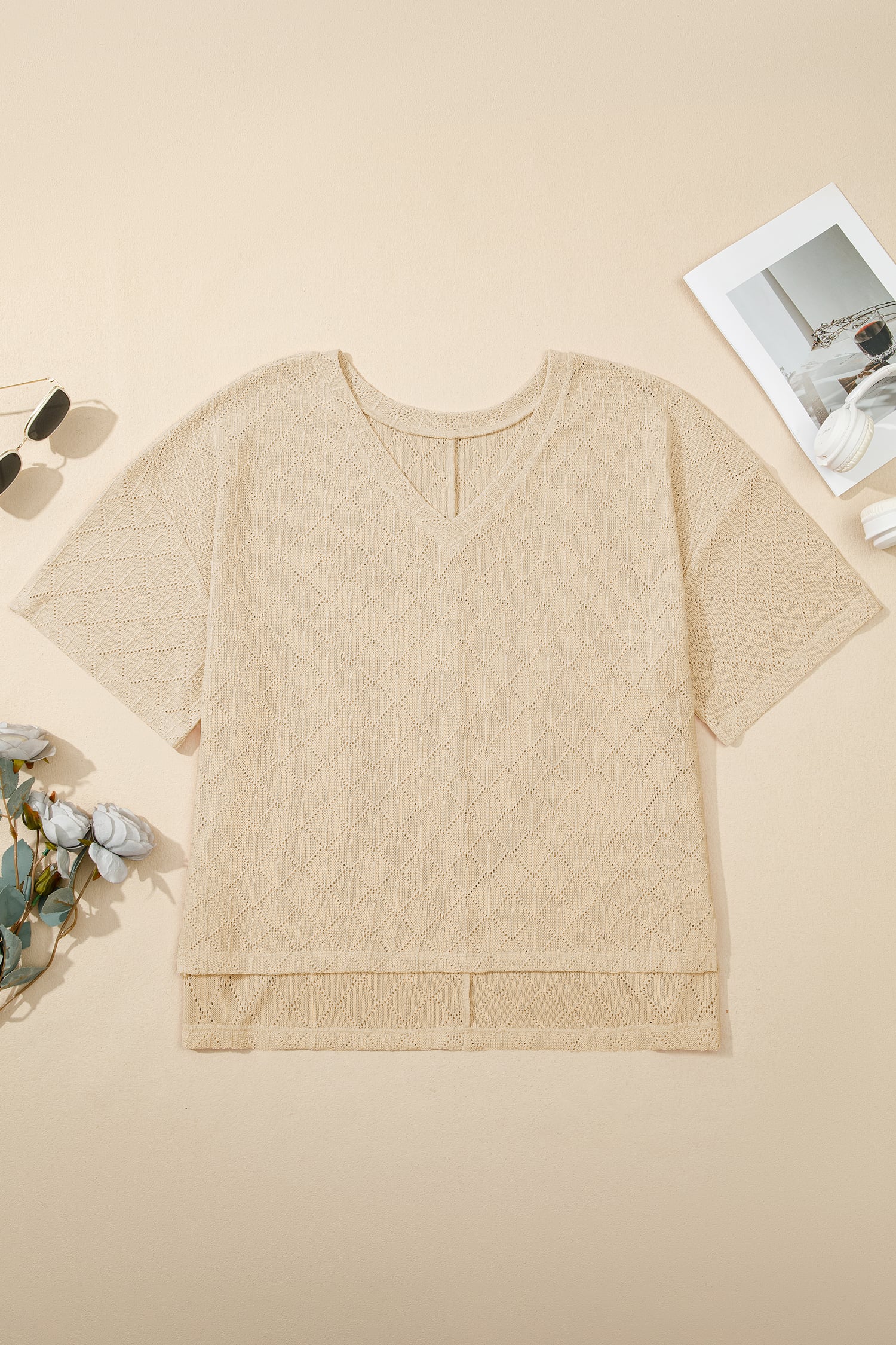 Golden Fleece Pointelle Rhombus Knit Plus Size V Neck Loose Top