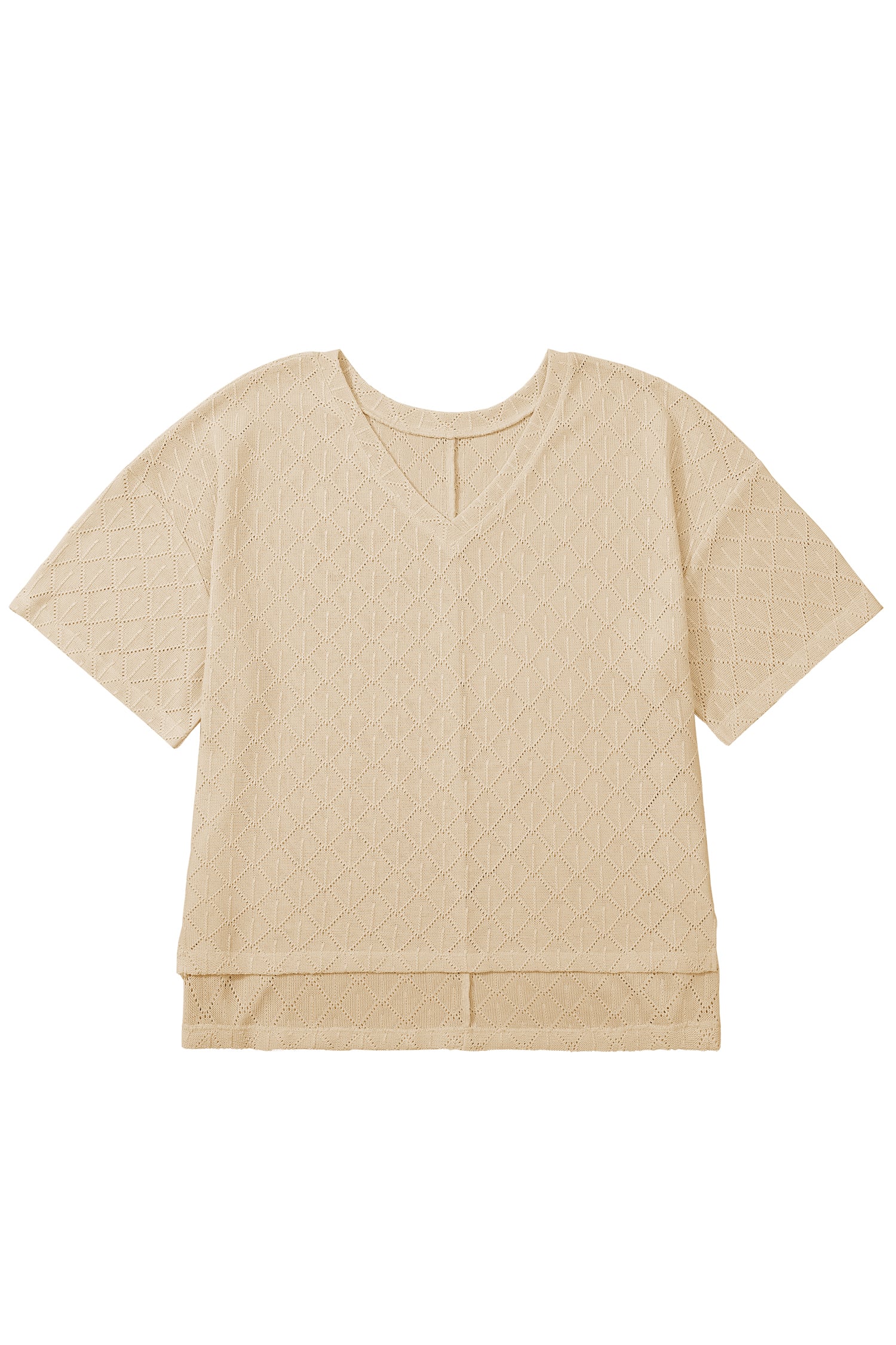Golden Fleece Pointelle Rhombus Knit Plus Size V Neck Loose Top
