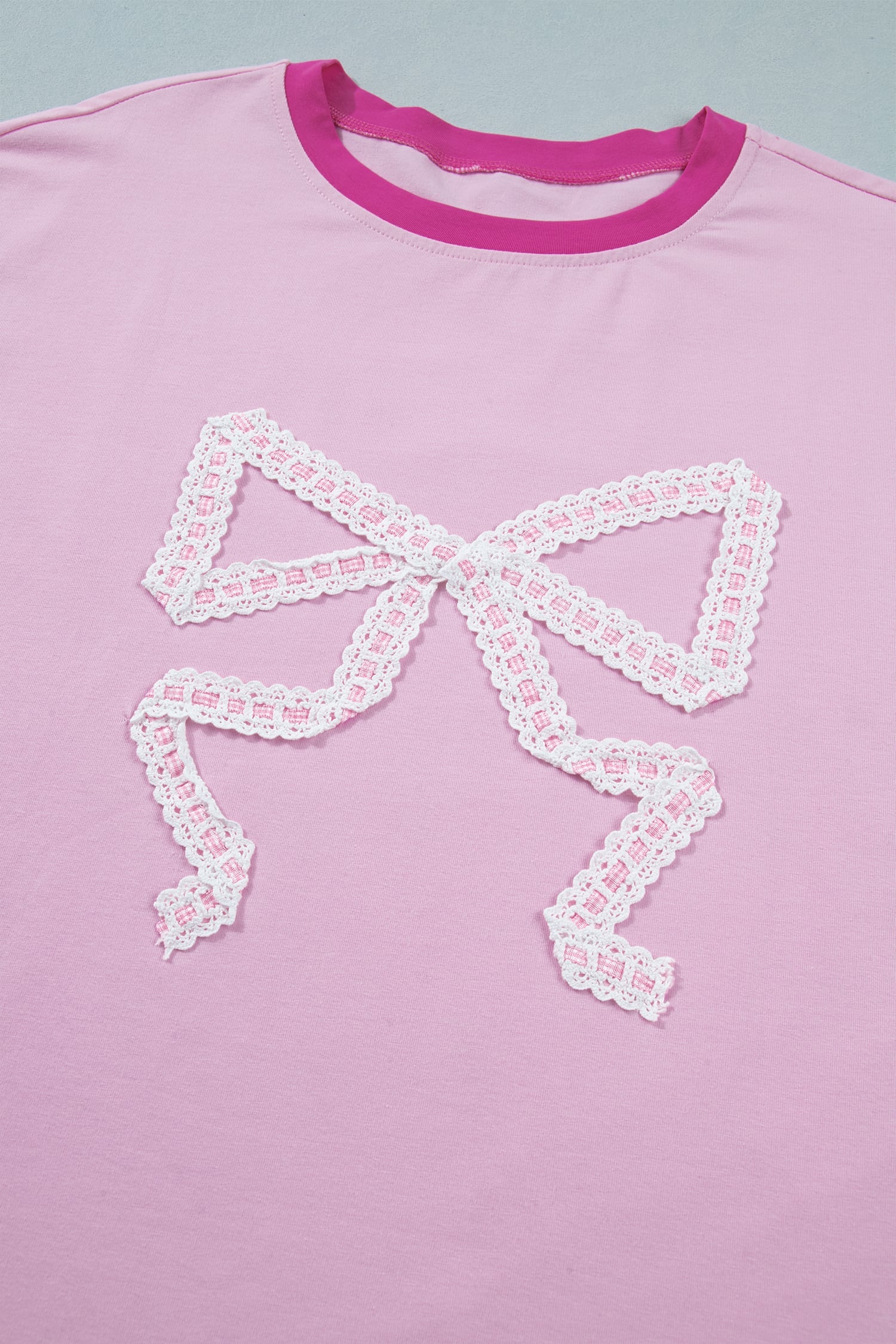 Gossamer Pink Embroidered Bow Detail Color Block Loose Tee