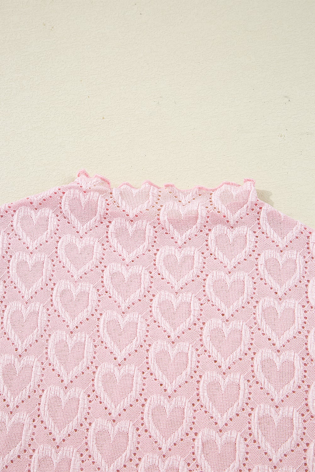 Gossamer Pink Heart Jacquard Flare Sleeve Mock Neck Fitted Top
