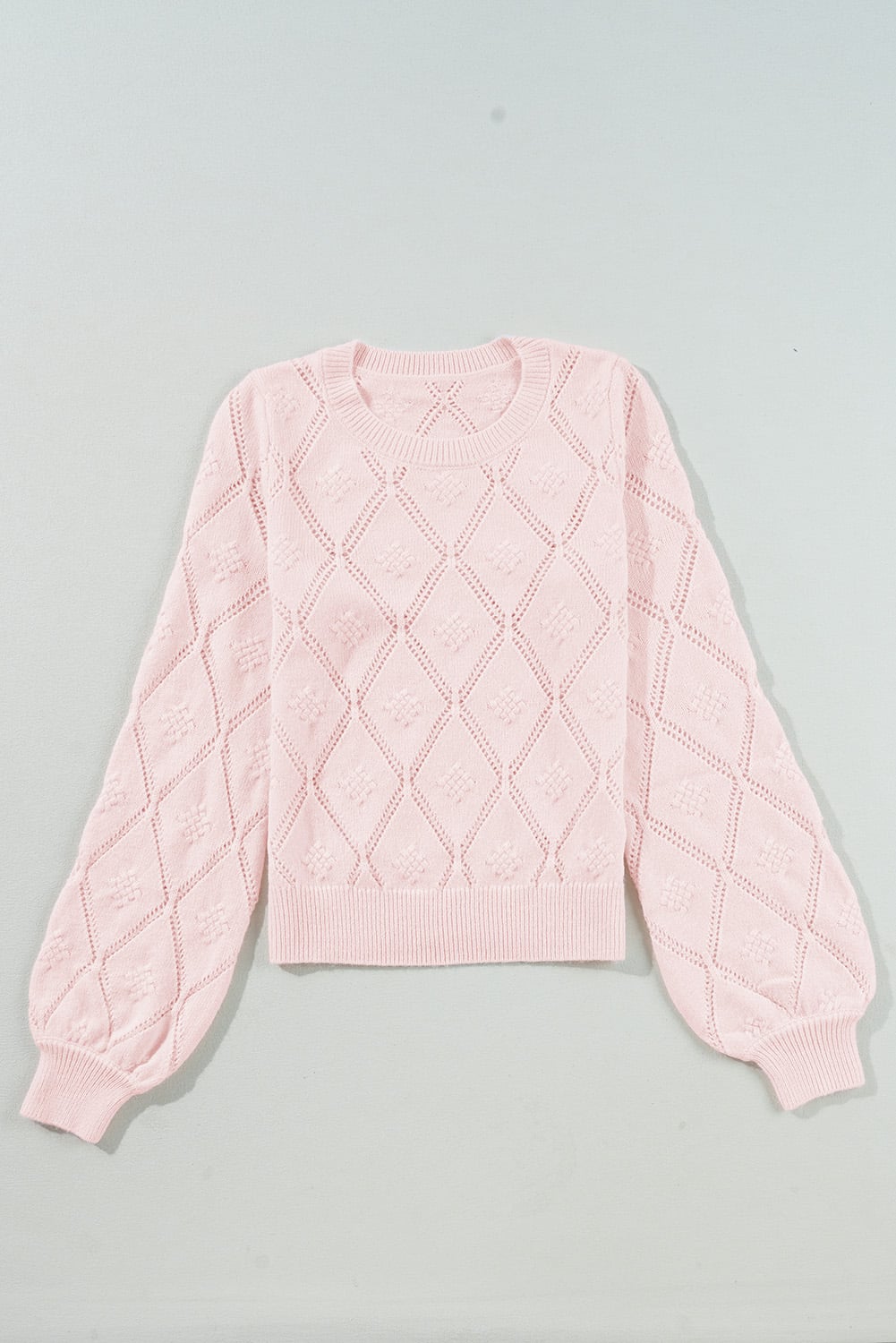 Gossamer Pink Openwork Plaid Puff Sleeve Cropped Sweater