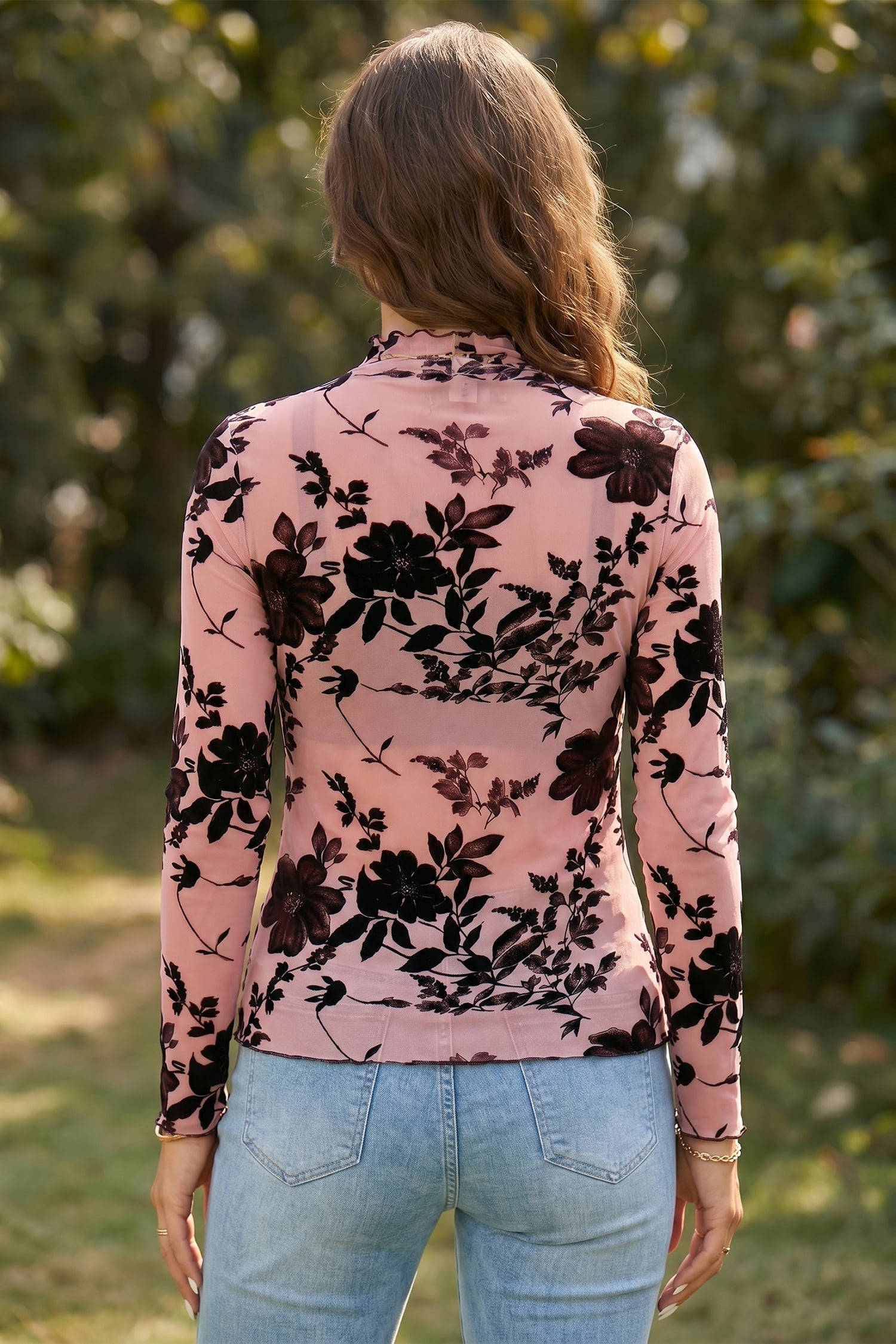 Gossamer Pink Retro Floral Print Mesh Long Sleeve Pullover Blouse