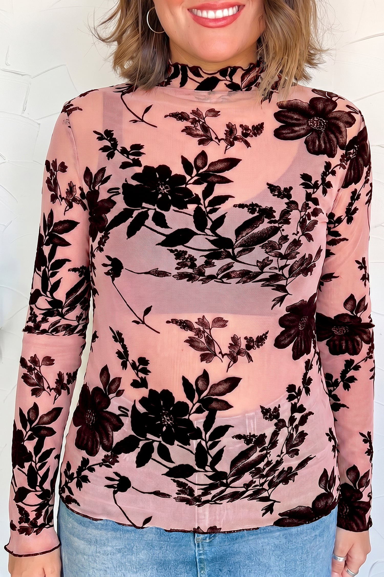 Gossamer Pink Retro Floral Print Mesh Long Sleeve Pullover Blouse