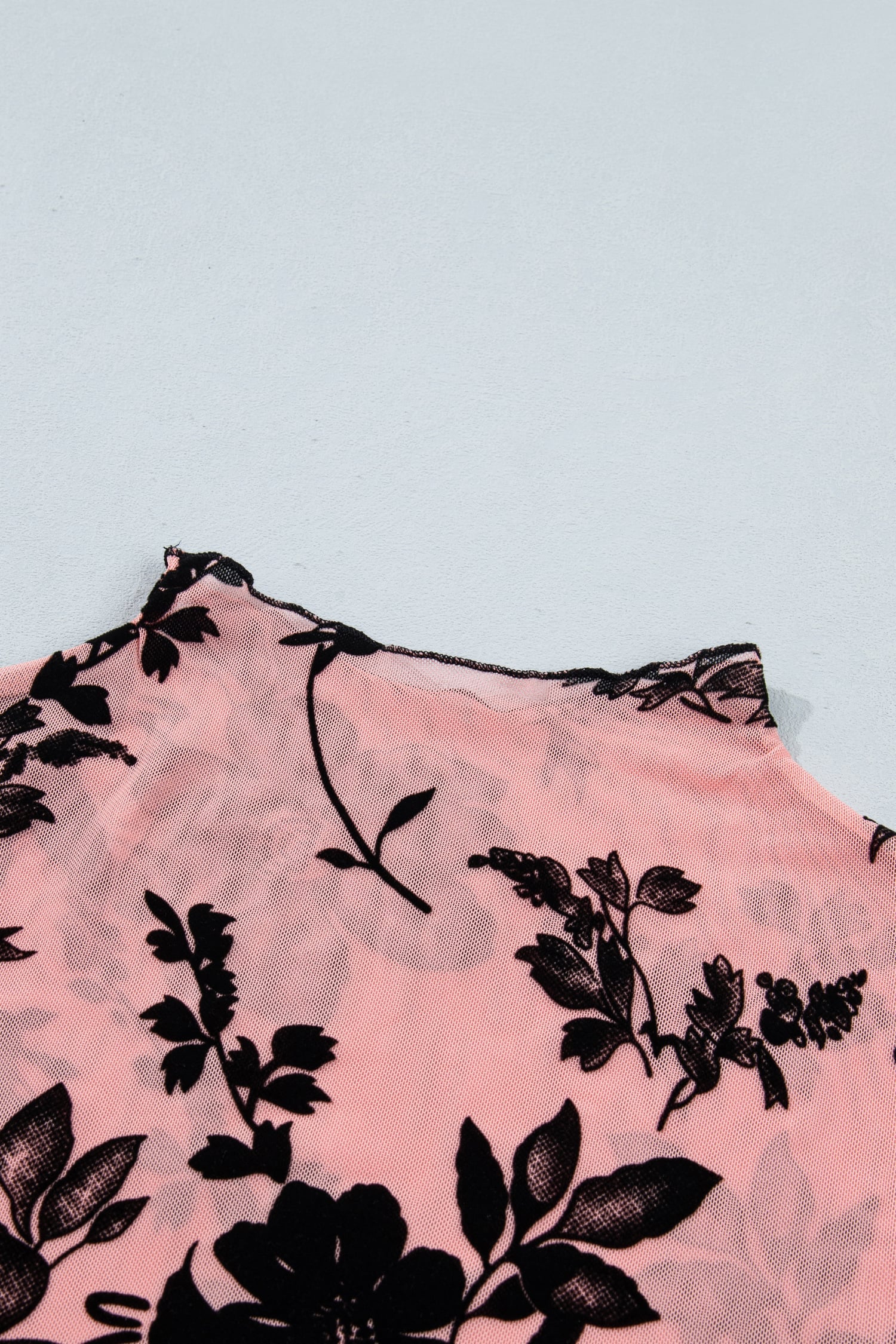 Gossamer Pink Retro Floral Print Mesh Long Sleeve Pullover Blouse