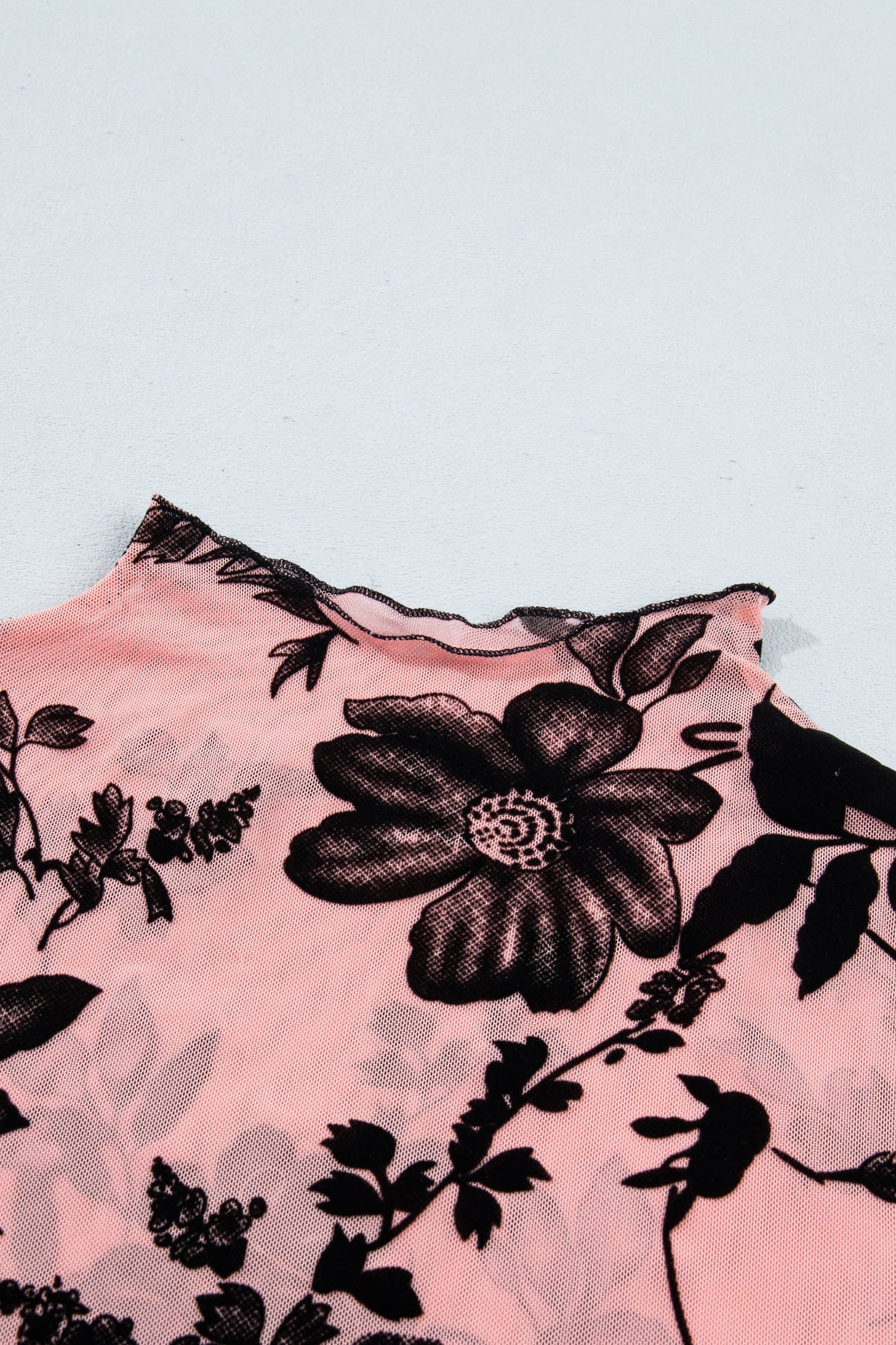 Gossamer Pink Retro Floral Print Mesh Long Sleeve Pullover Blouse