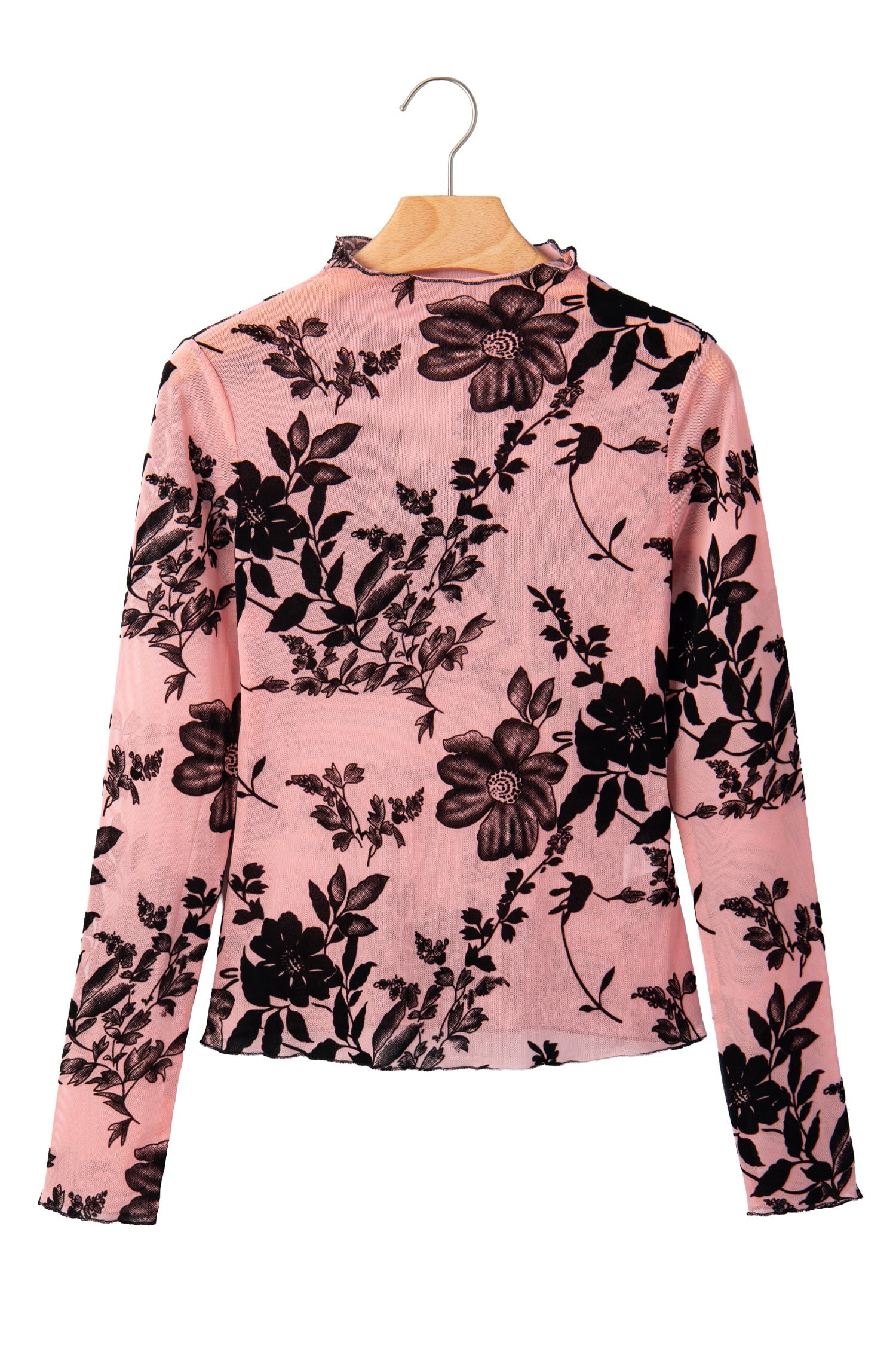 Gossamer Pink Retro Floral Print Mesh Long Sleeve Pullover Blouse