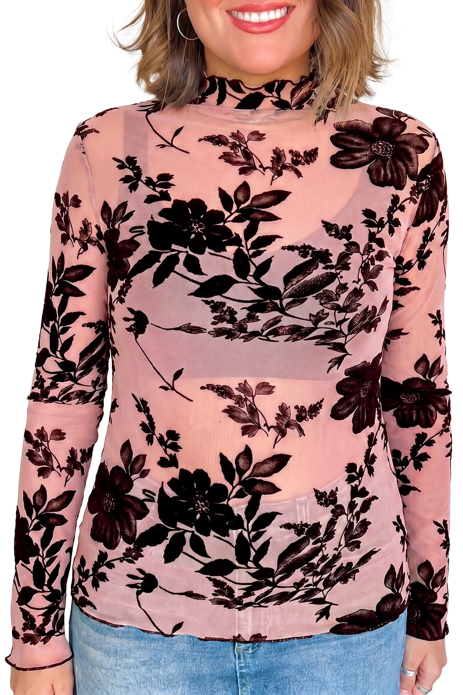 Gossamer Pink Retro Floral Print Mesh Long Sleeve Pullover Blouse