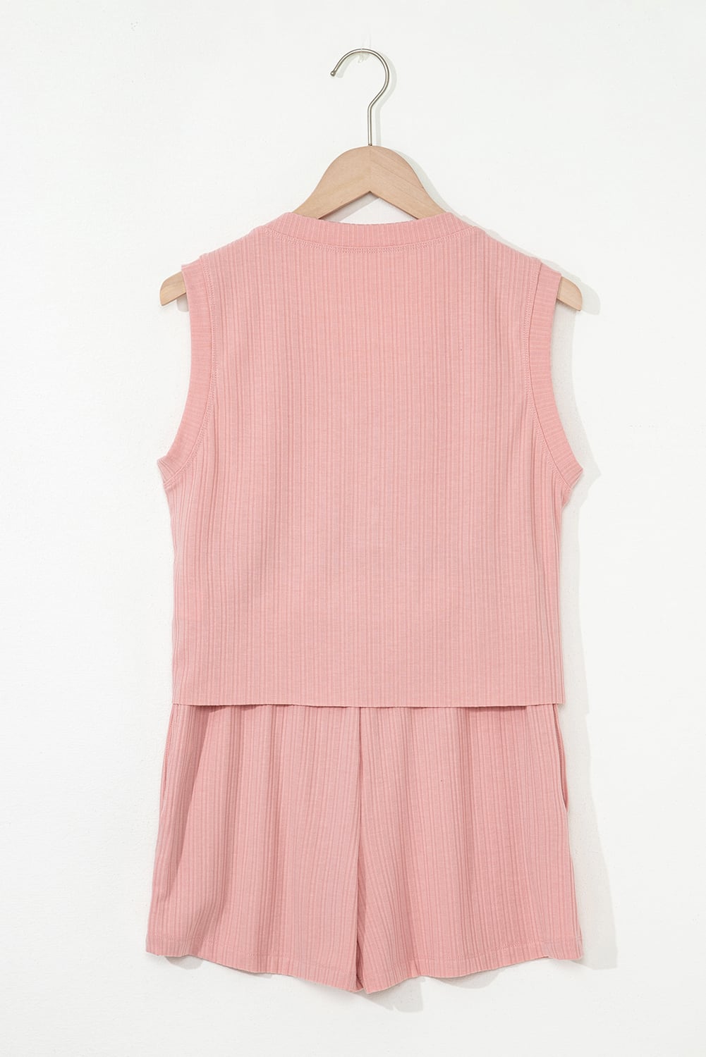 Gossamer Pink Ribbed Button V Neck Tank Top and Shorts Set