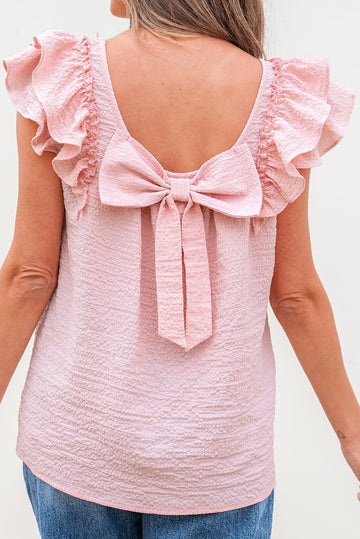 Gossamer Pink Textured Bow Knot Frilled Butterfly Sleeve Blouse
