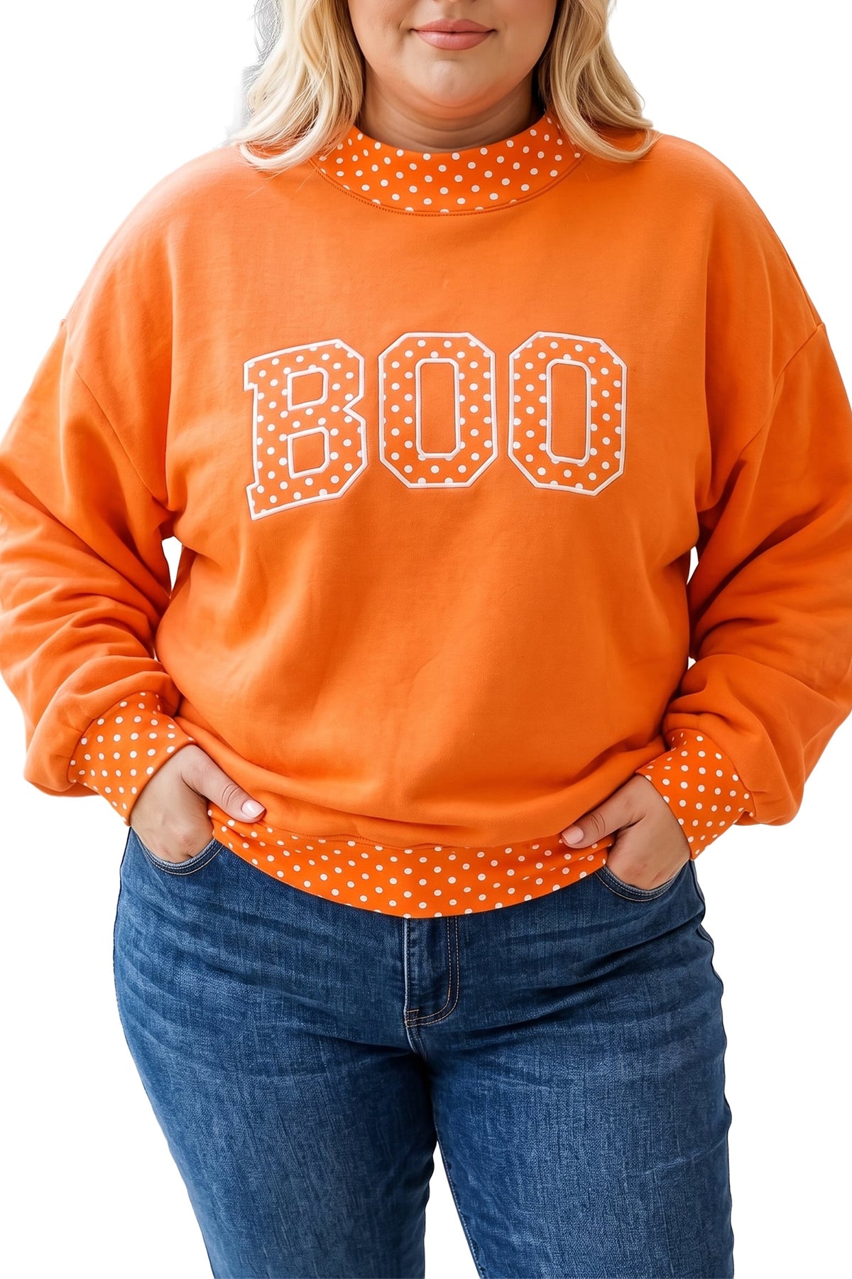 Grapefruit Orange Casual Polka Dot Patchwork Letter Graphic Plus Size Sweatshirt